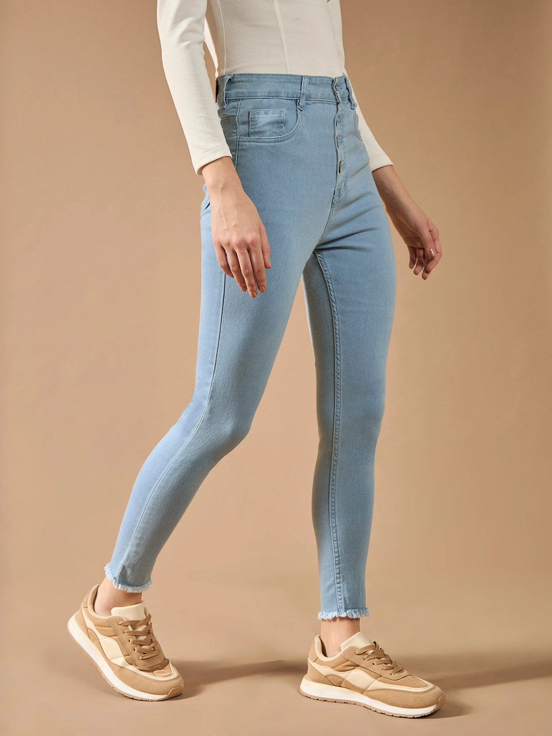 Night Out Neutral Textured Women's Light Blue Skinny High-Rise Clean-Look Fringed Hemline Cropped Acid Wash Solid Stretchable Denim Jeans