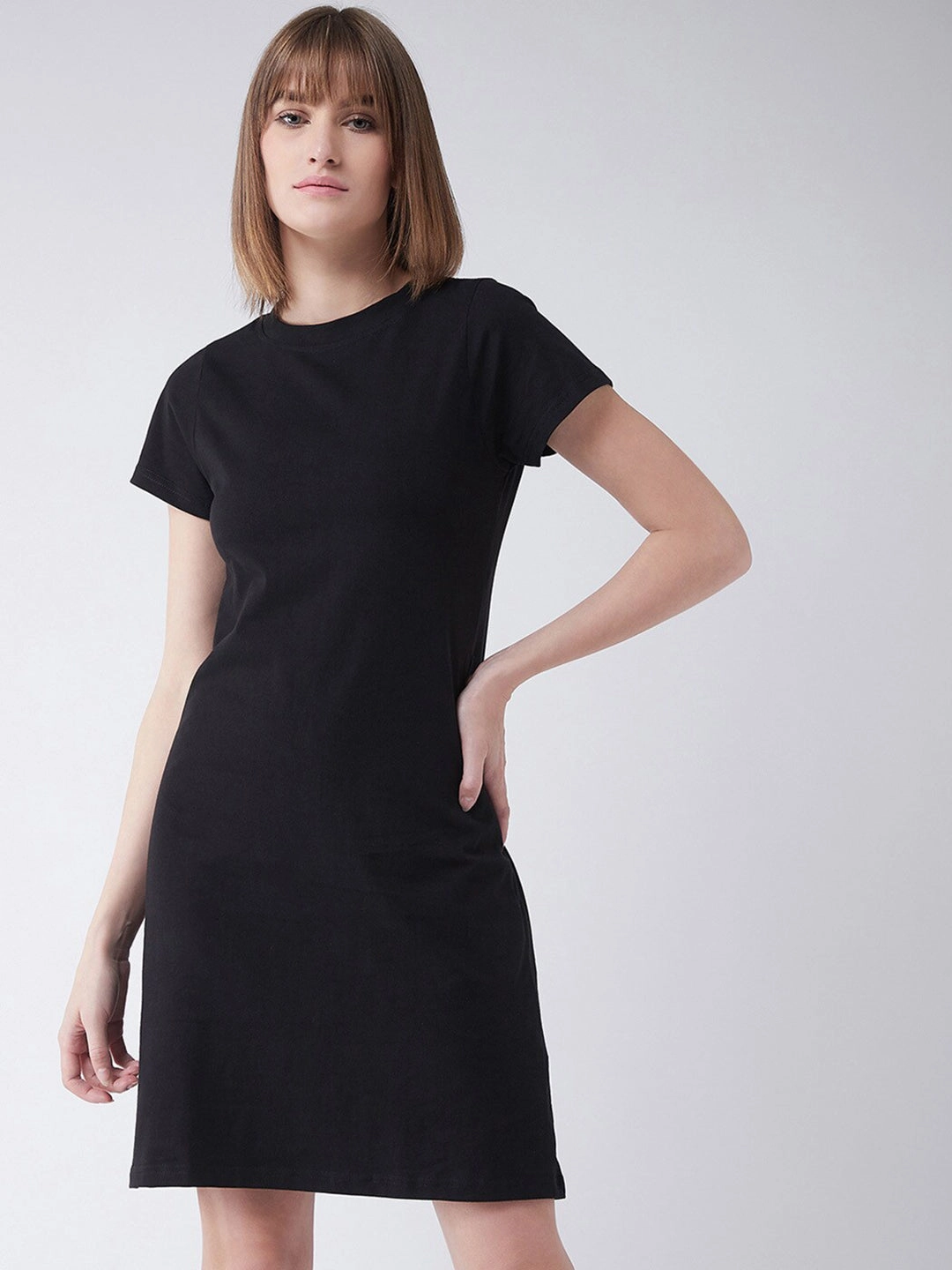 Women's Black Round Neck Short Sleeves T-Shirt Dress Polished Appearance Heart Glow