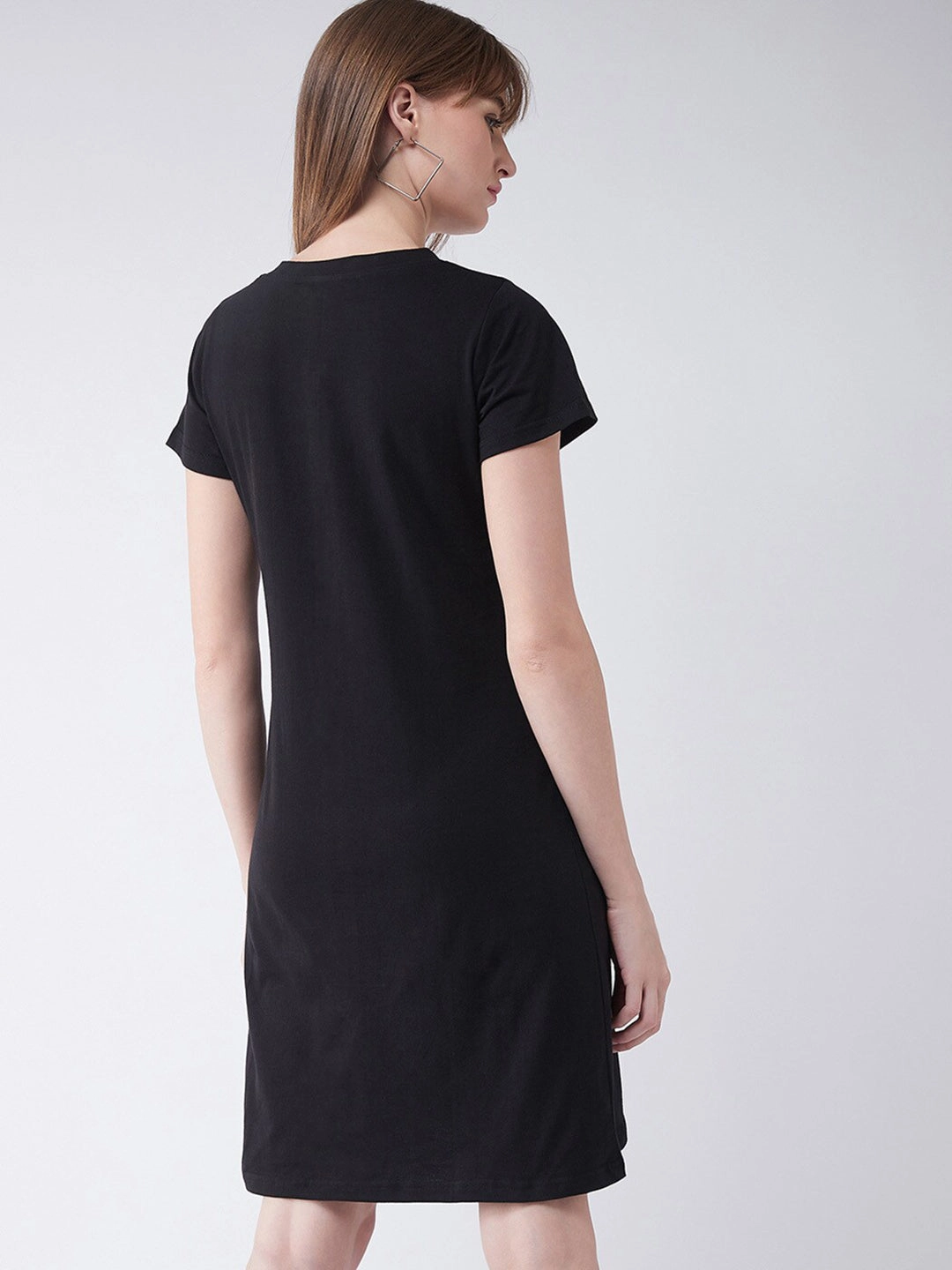 Women's Black Round Neck Short Sleeves T-Shirt Dress Velvet-Sleeve