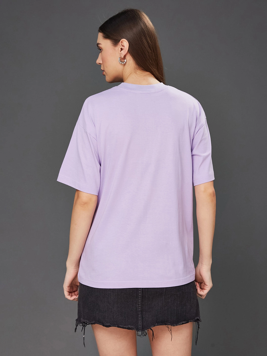 Temperature Regulating Fibers Heat Regulating Fabric Women's Lavender Round Neck Half-Sleeve Cartoon-Printed Regular-Length Oversized Cotton T-Shirt