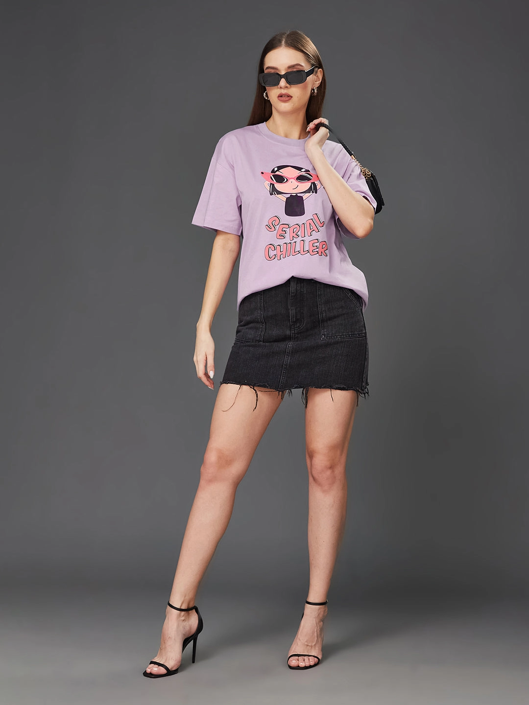 Contrast Stitch Detailing Women's Lavender Round Neck Half-Sleeve Cartoon-Printed Regular-Length Oversized Cotton T-Shirt