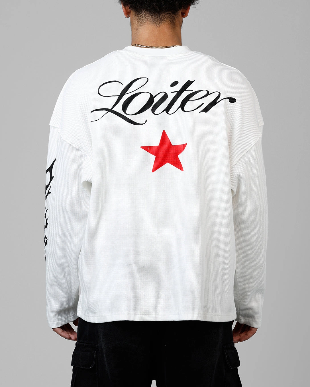 Unstructured Fit Loiter American Dream Waffle Knit Long Sleeve T-Shirt White