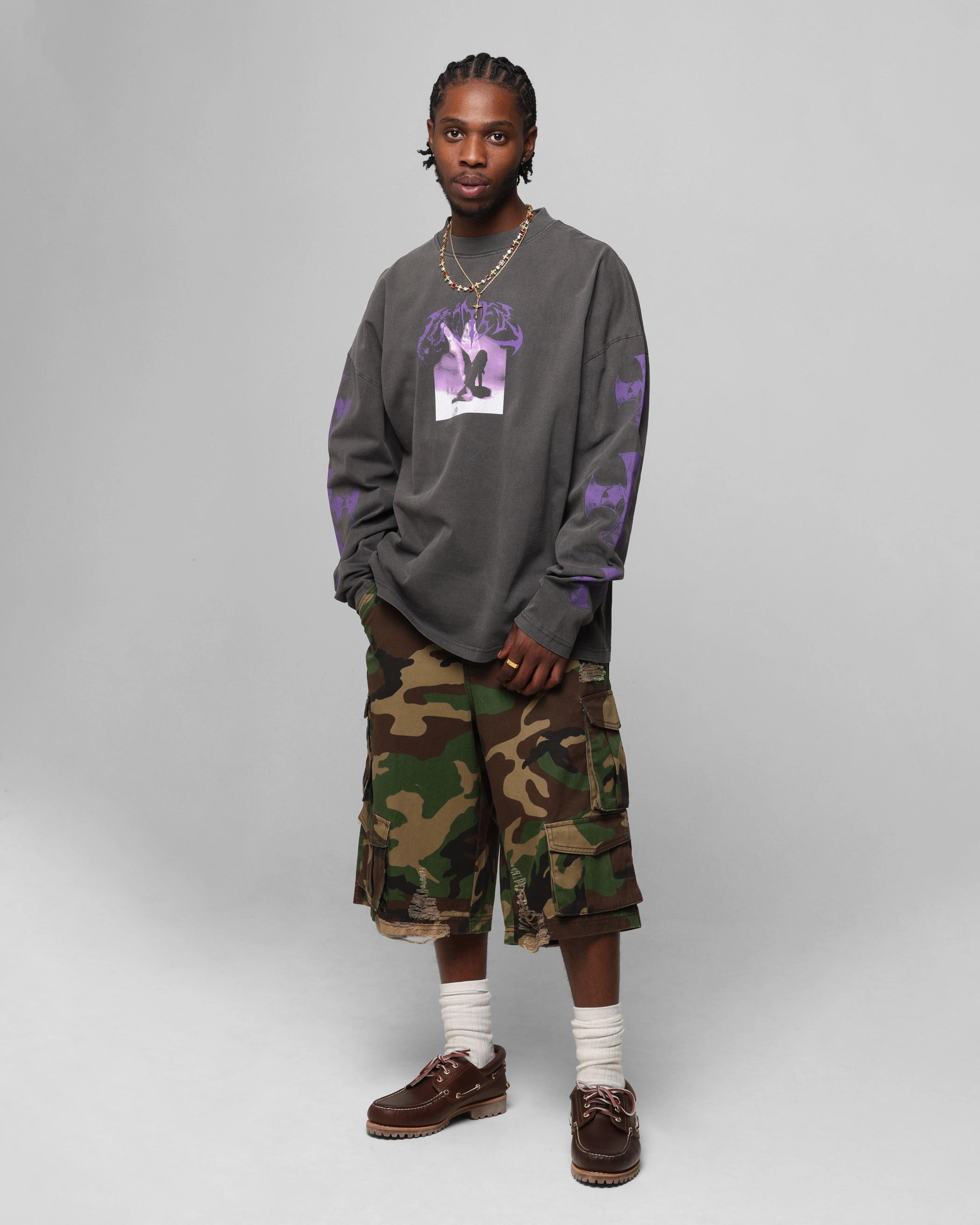 Loiter Angel Number Long Sleeve T-Shirt Charcoal HeavyweightThermal SnagResistant Fabric