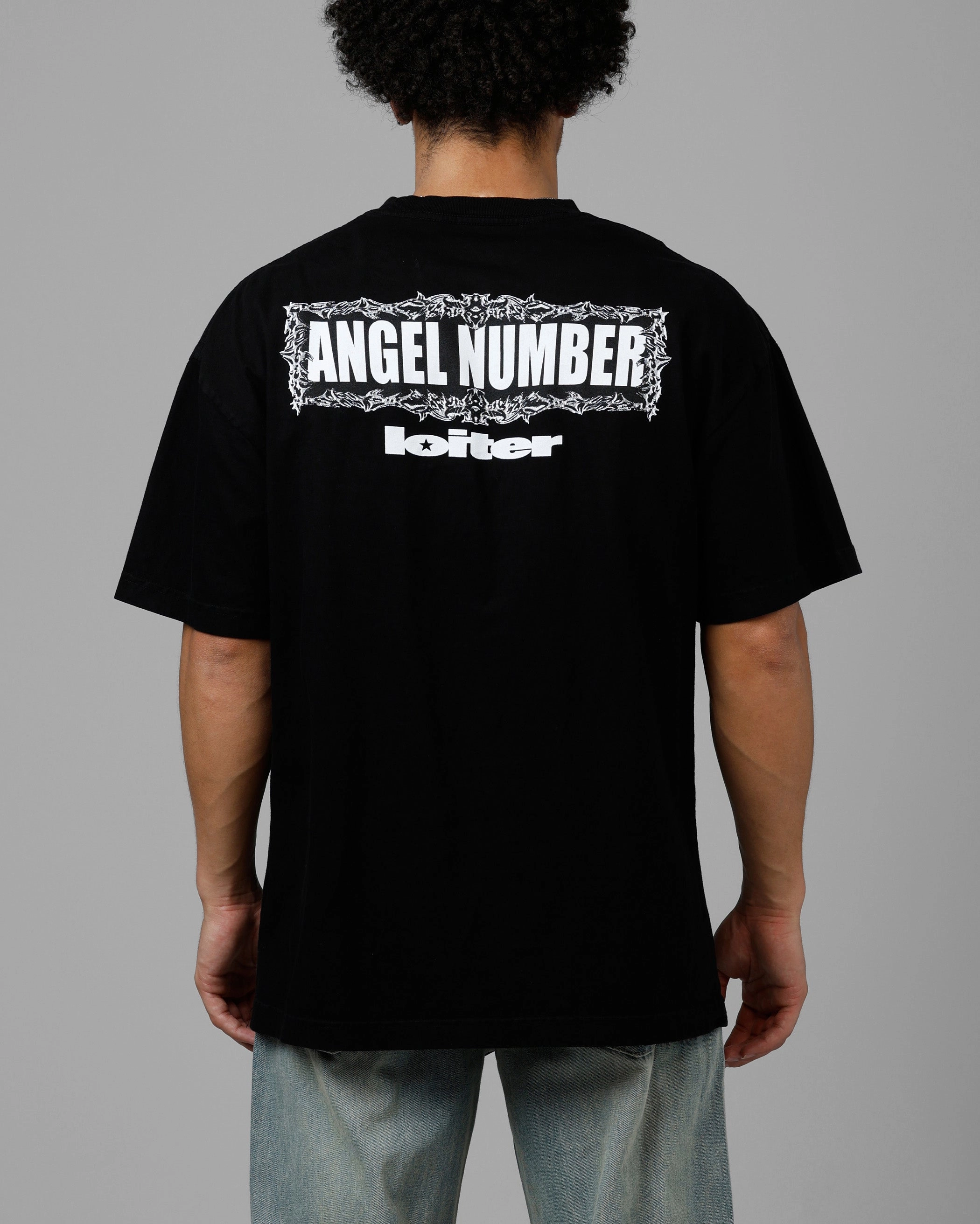 Loiter Angel Number Vintage T-Shirt Black LayeredCuff RawHemDetail