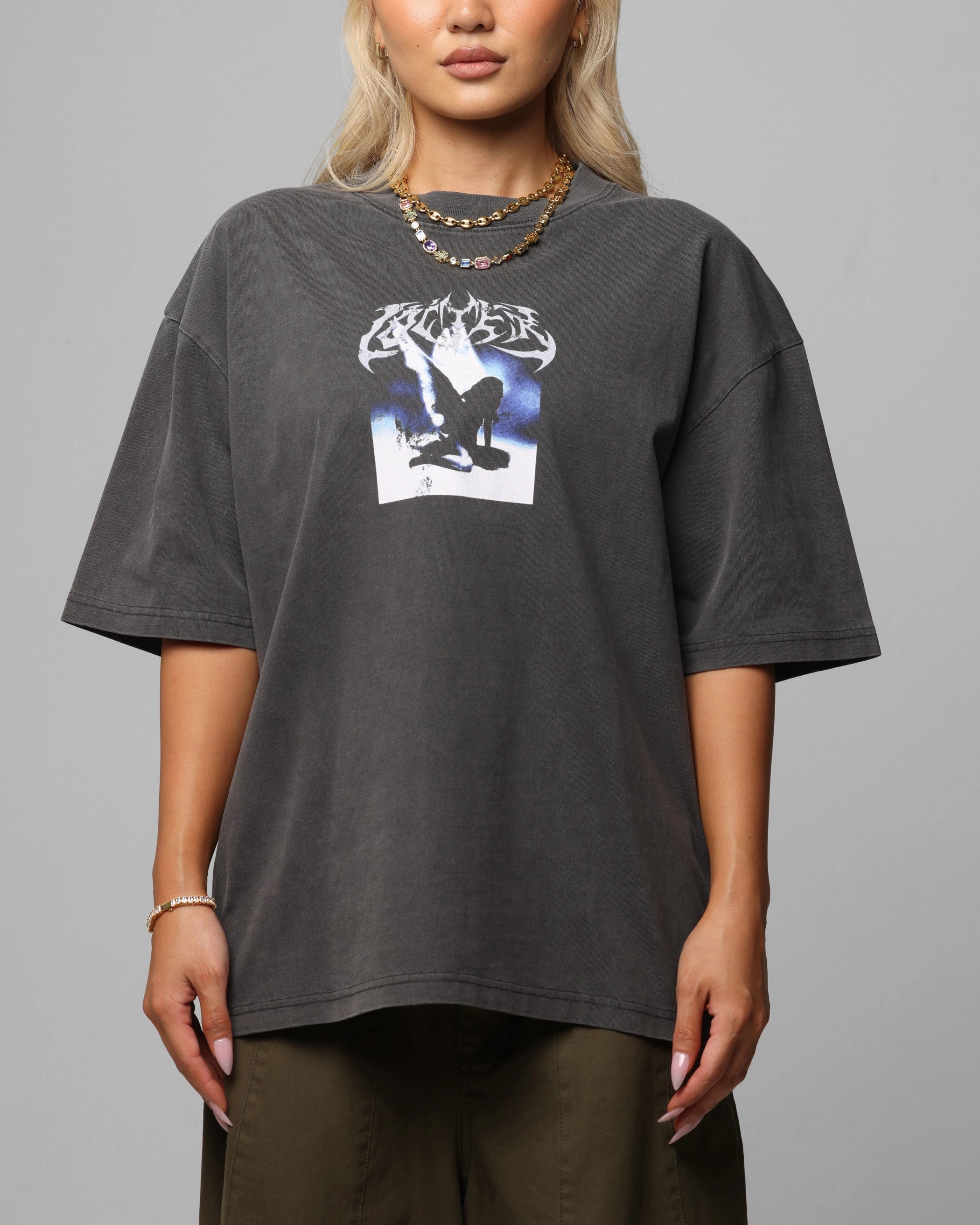 Loiter Angel Number Vintage T-Shirt Charcoal Sheer Overlay Material