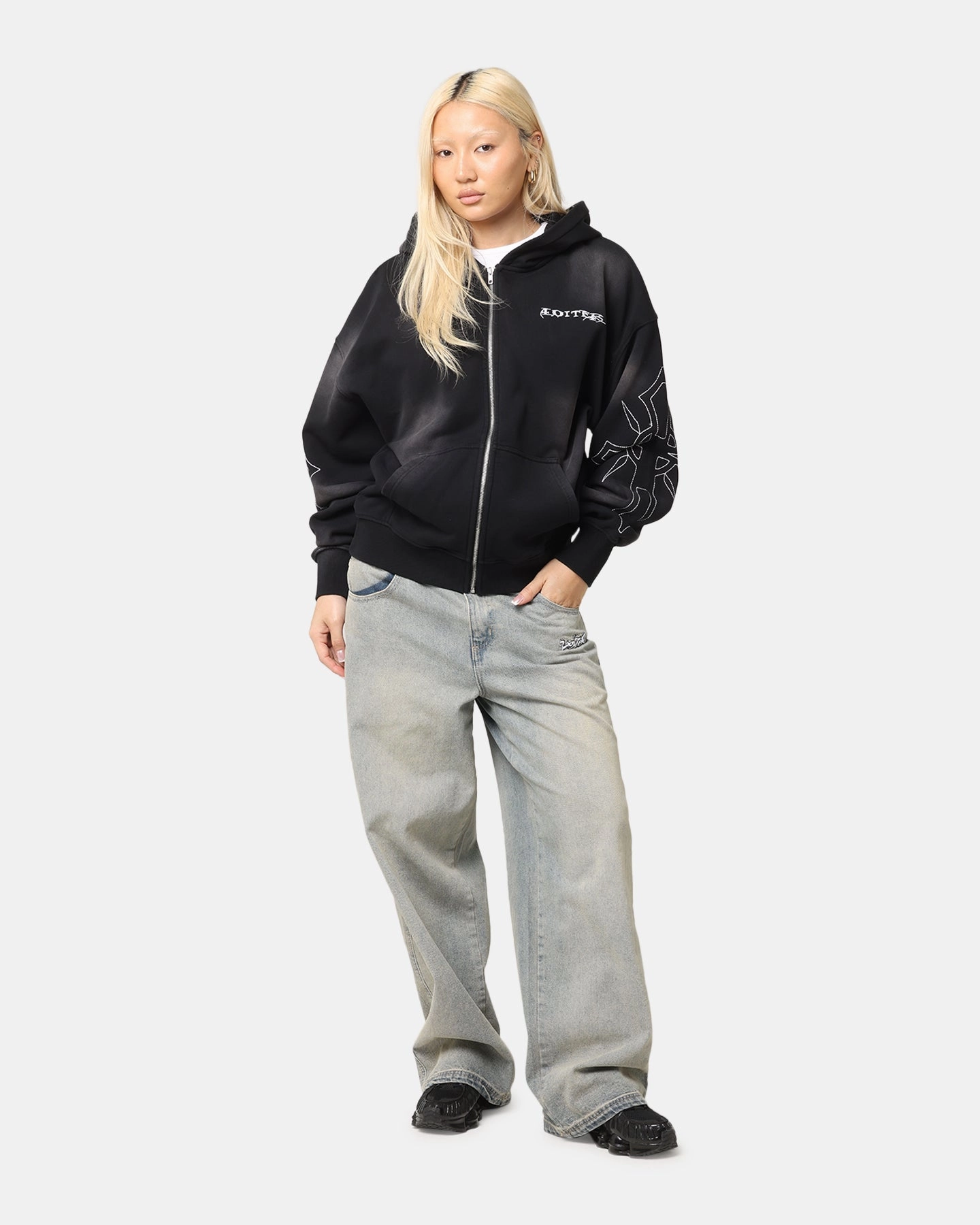 Loiter Atmosphere Full Zip Hoodie Vintage Black Soft Touch Texture Loose Sweater