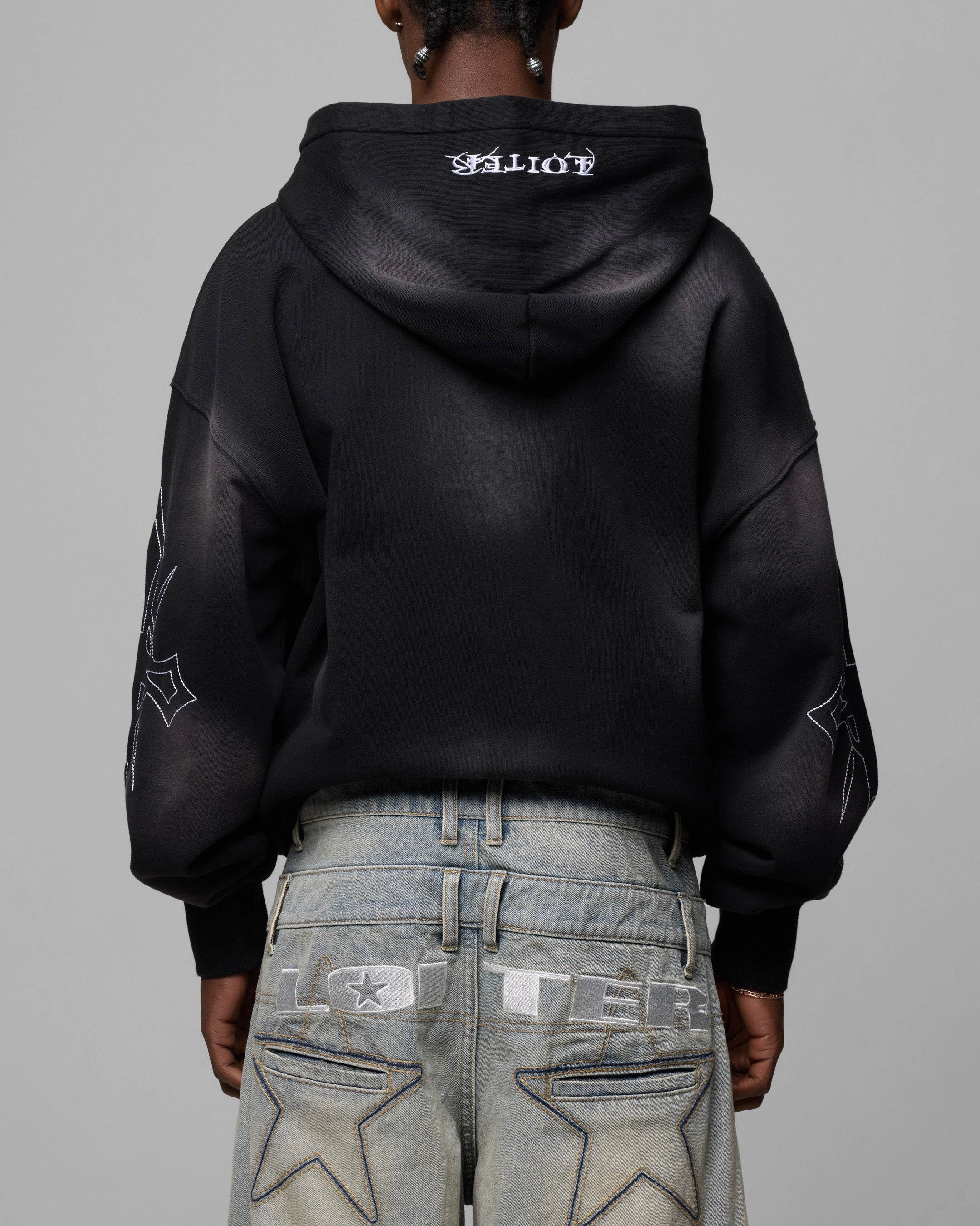 Buttonless Closure Loiter Atmosphere Full Zip Hoodie Vintage Black