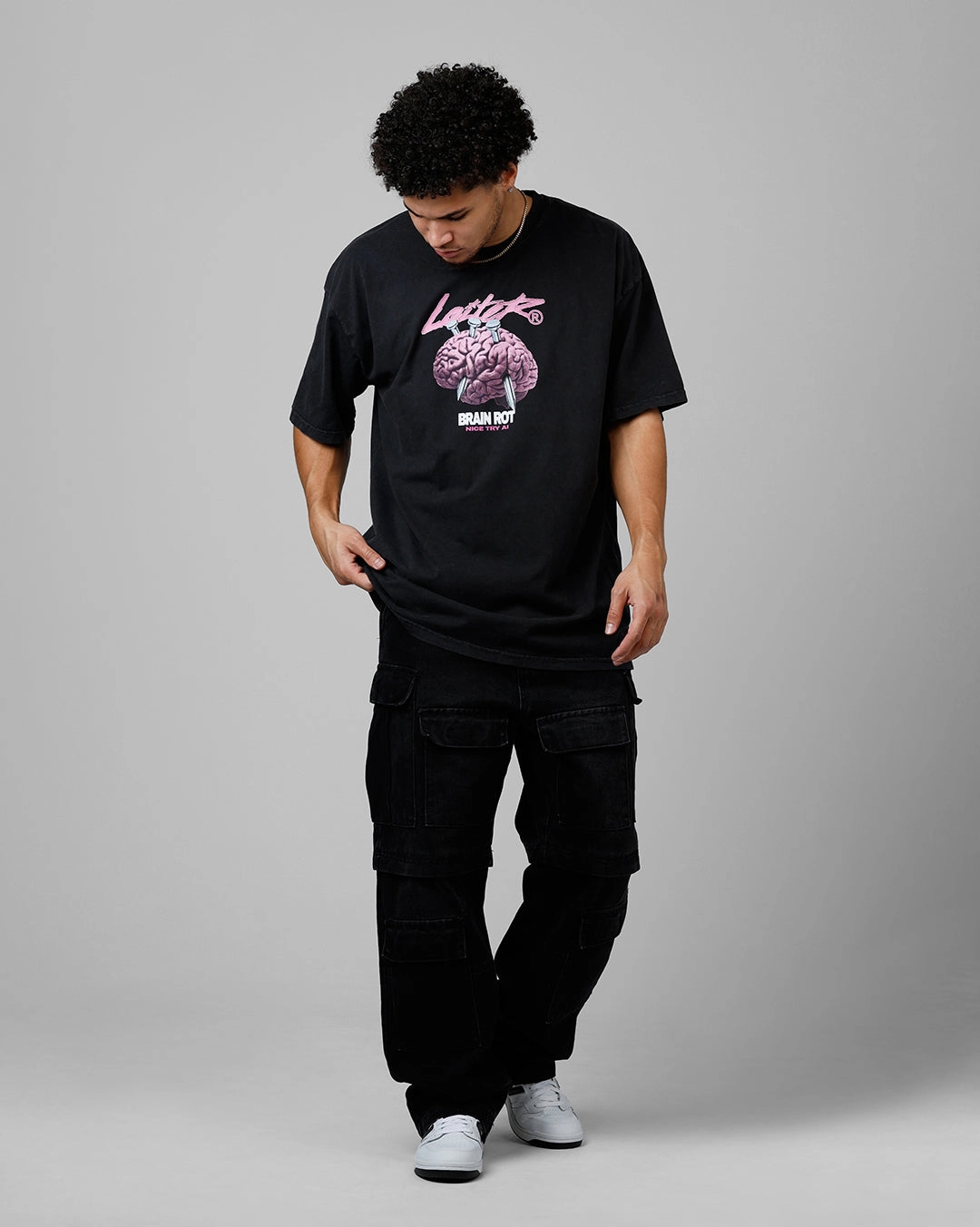 Loiter Brain Rot Vintage T-Shirt Black Acidwash RecycledPolyester AbrasionResistant Fabric