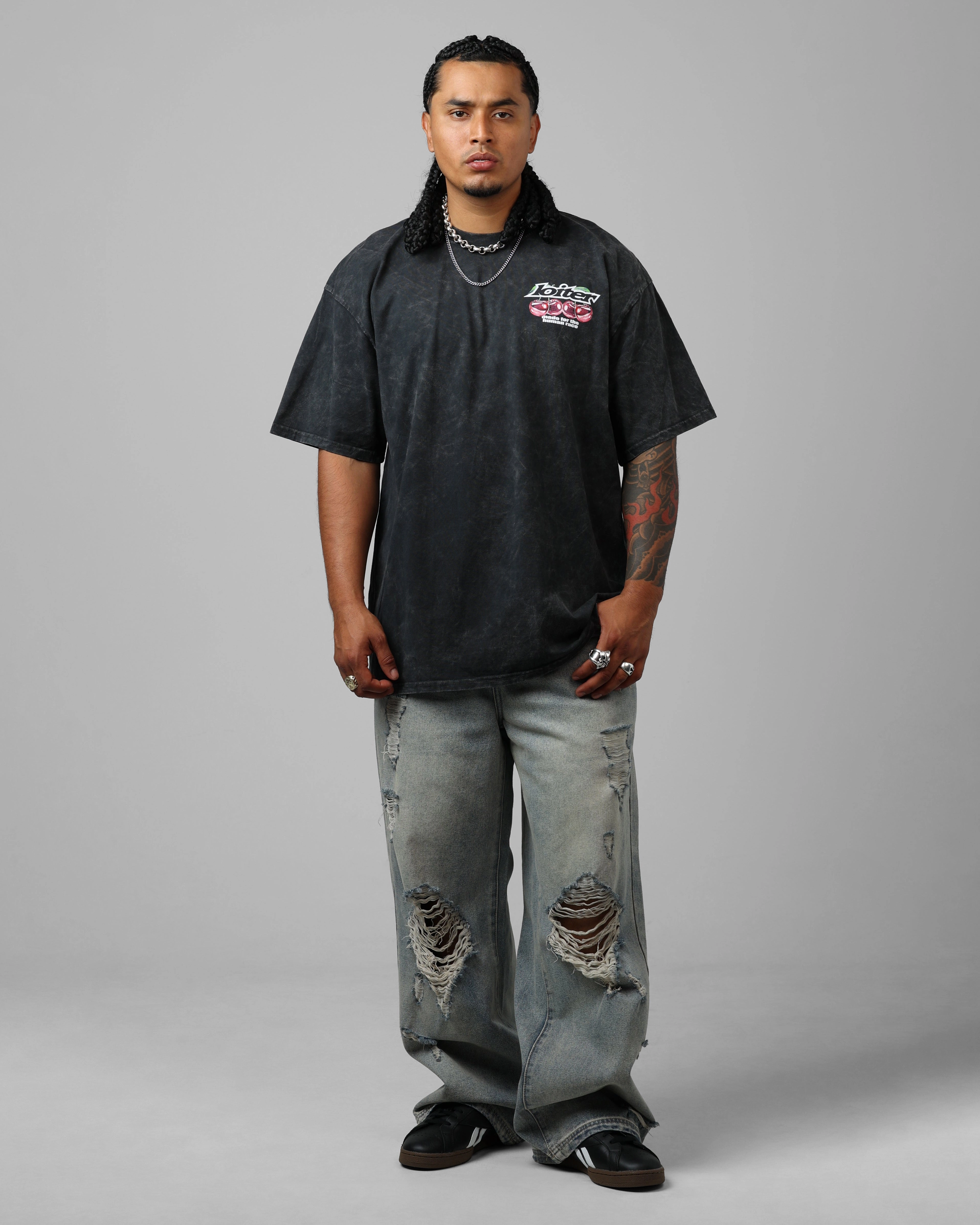 Hygroscopic Inner Layer Loiter Cherry Pick Drop T-Shirt Black Acidwash