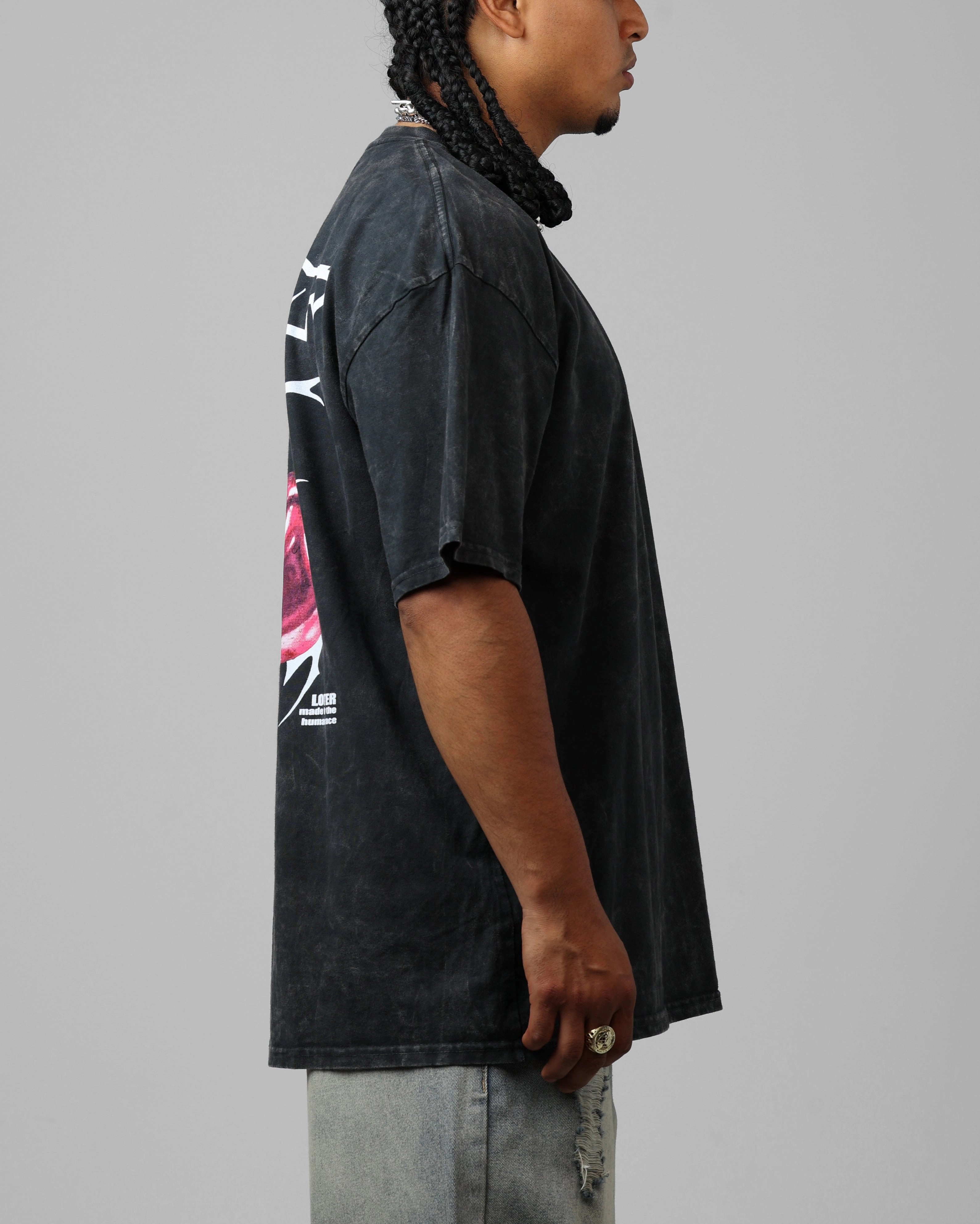 Non Chafing Edges Sporty Hoodie Loiter Cherry Pick Drop T-Shirt Black Acidwash