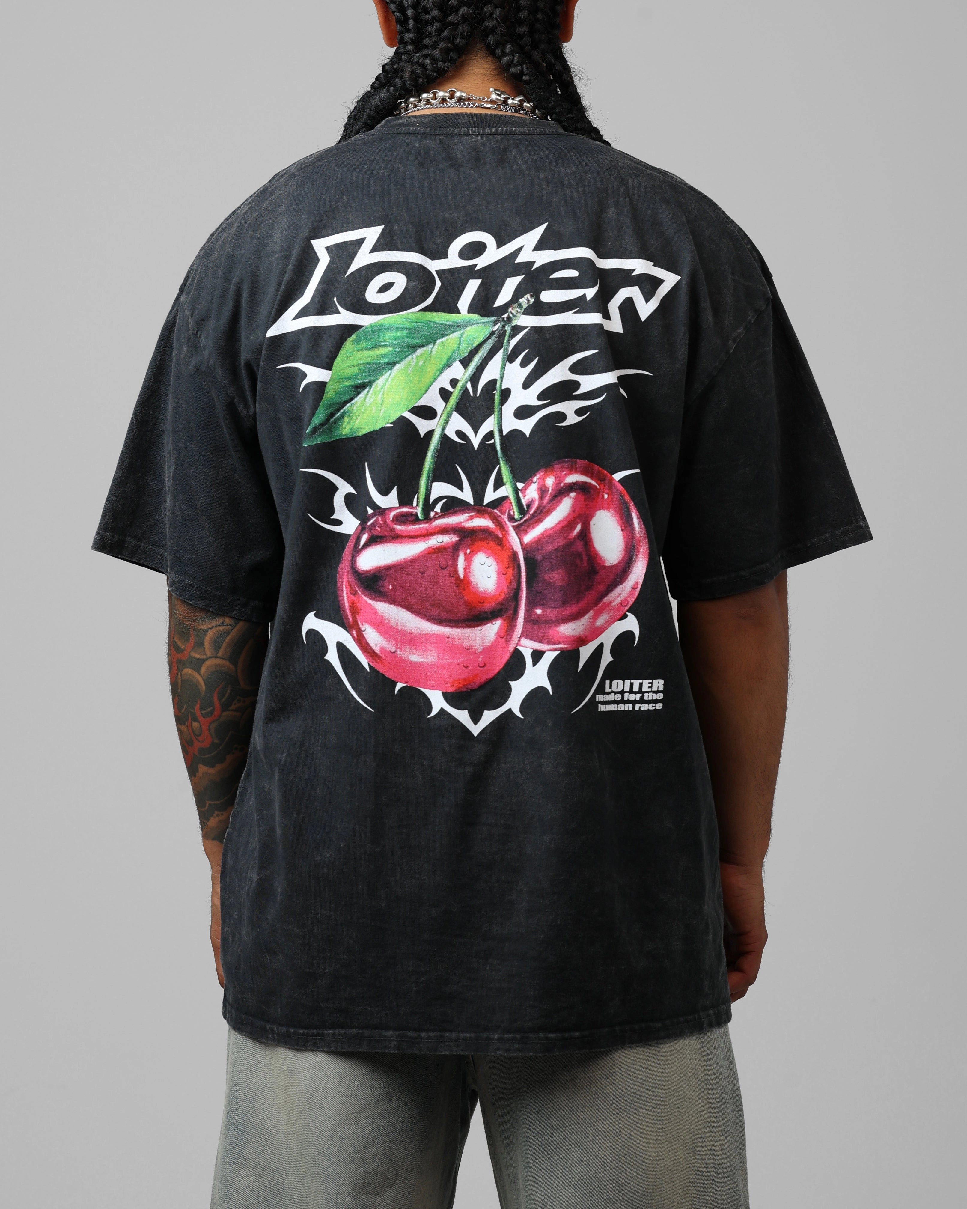 Snag Resistant Fabric Loiter Cherry Pick Drop T-Shirt Black Acidwash
