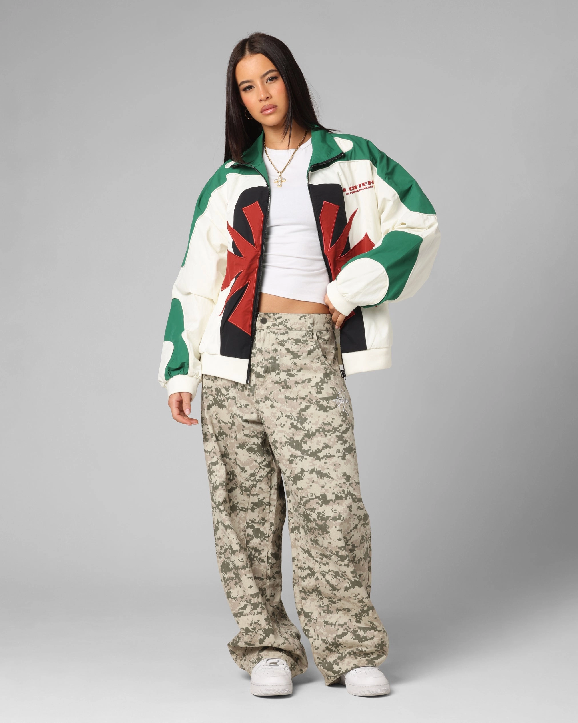 Loiter Club Classic Track Jacket White/Green PaddedInsulation Garment Washed Finish