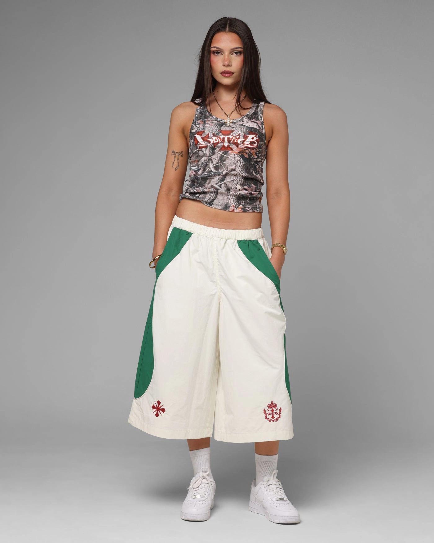 Loiter Club Classic Track Shorts White/Green RegularFit Blackout fabric