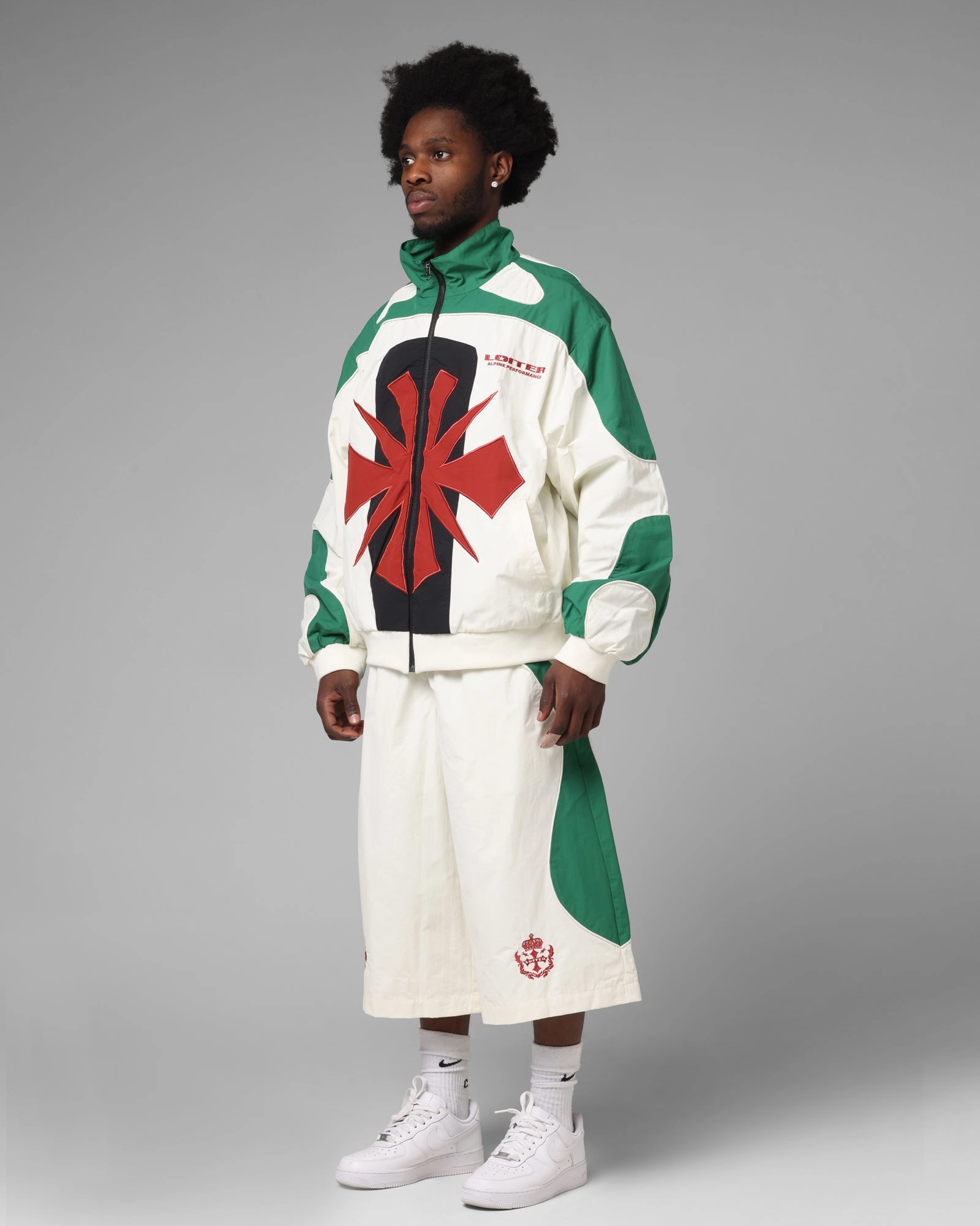 Loiter Club Classic Track Shorts White/Green Lightweight Fabric