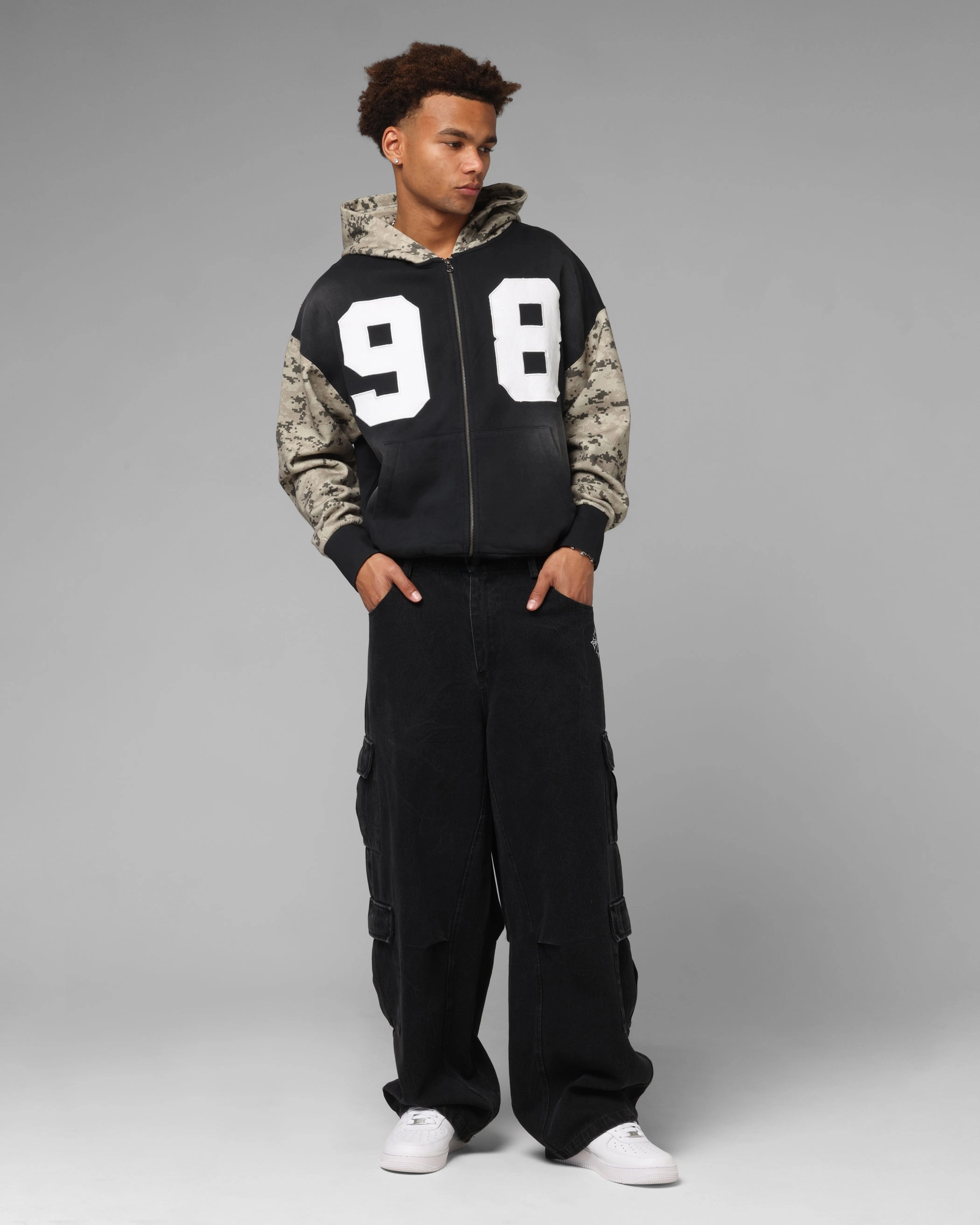 Loiter Cosmos Zip Hoodie Black/Camo MultiLayer Stitching BondedShoulder