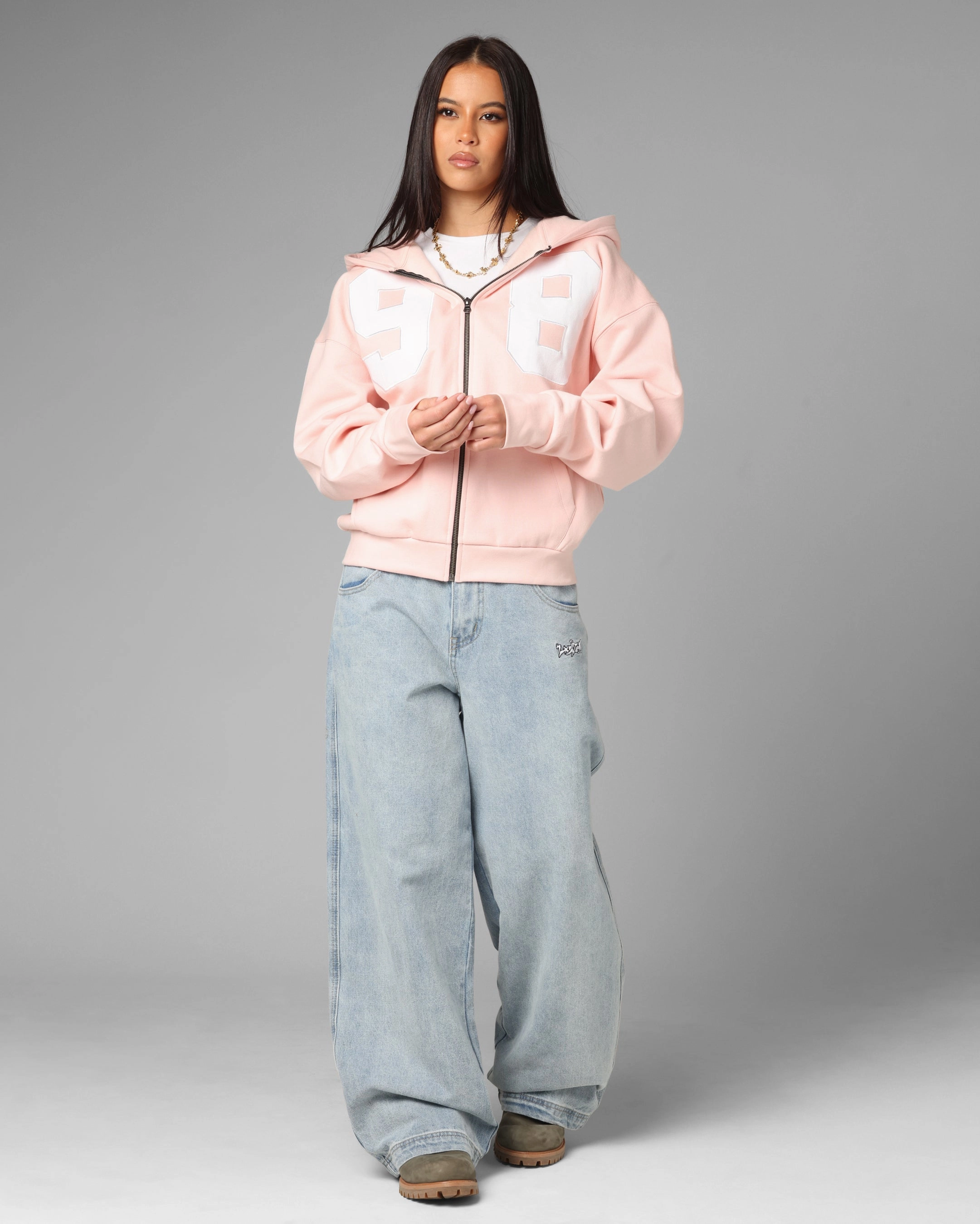 Relaxed Blouse Fashionable Style Loiter Cosmos Zip Hoodie Pink