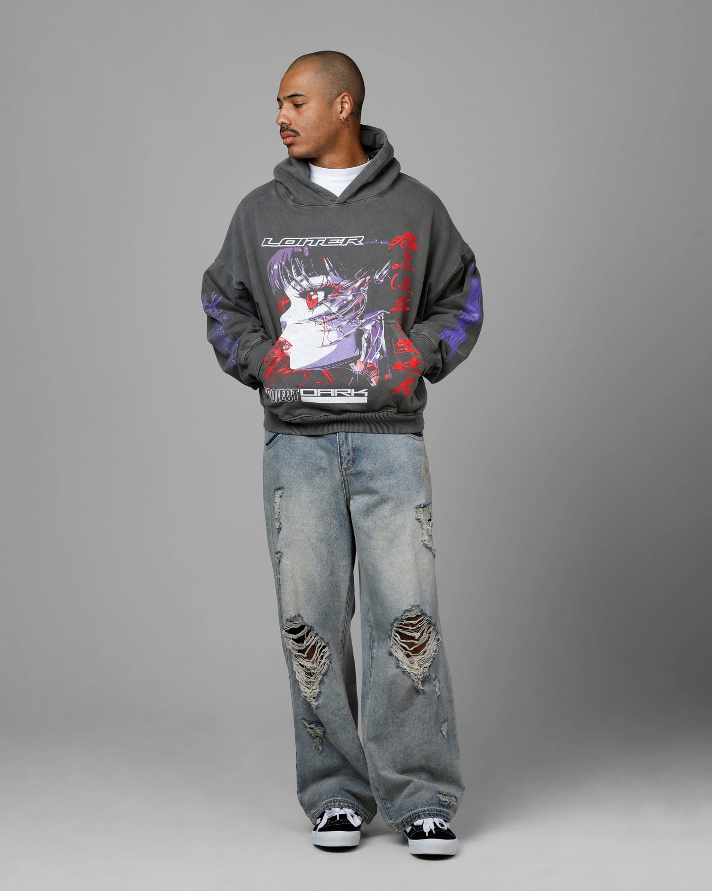 Loiter Cyberkinetics Premium Hoodie Washed Charcoal MultiLayer Stitching Ventilated Mesh Panels