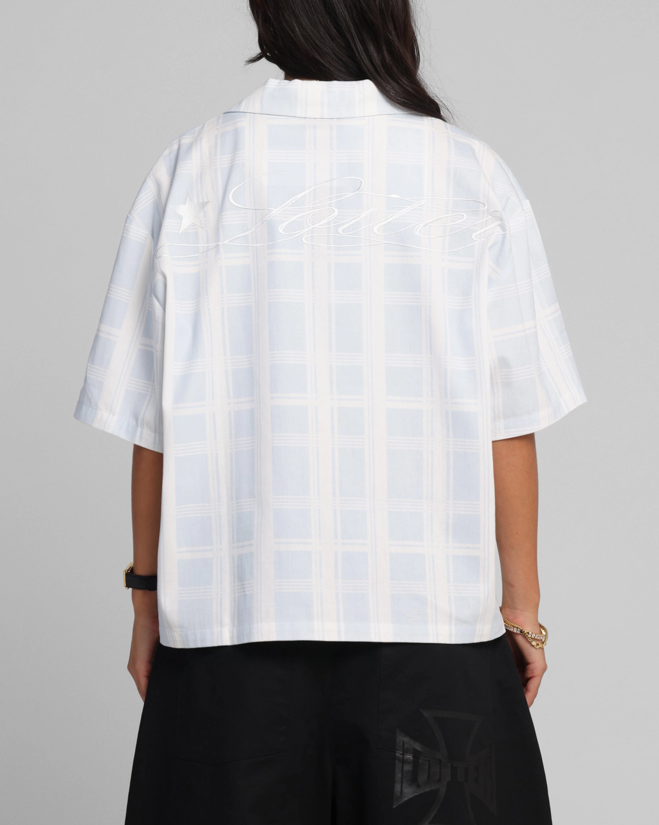 Loiter Daytona Button Up Shirt Blue Check Hidden Zipper