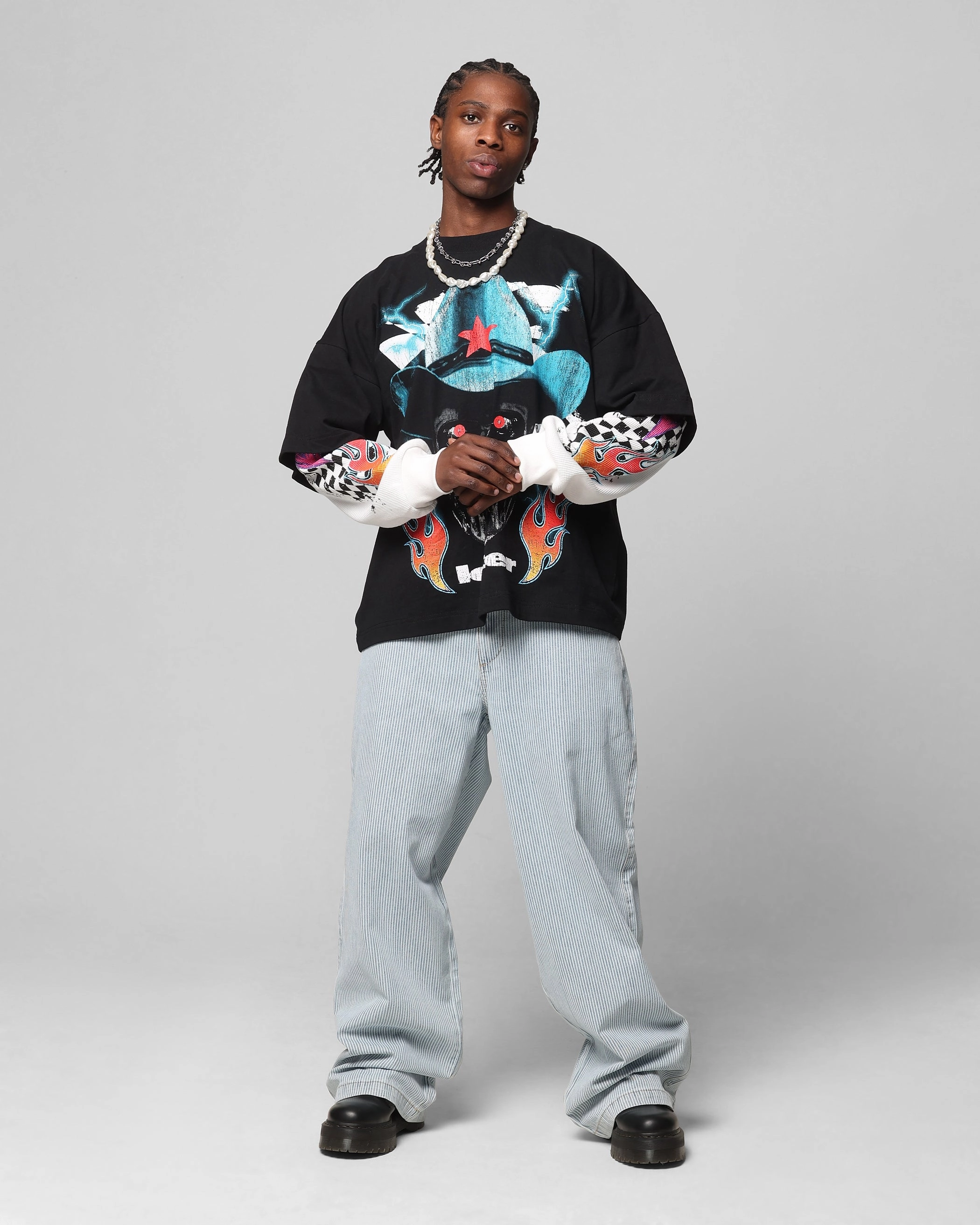 Drop Shoulder Silhouette Office Look Loiter Daytona Layered Long Sleeve T-Shirt Black/White