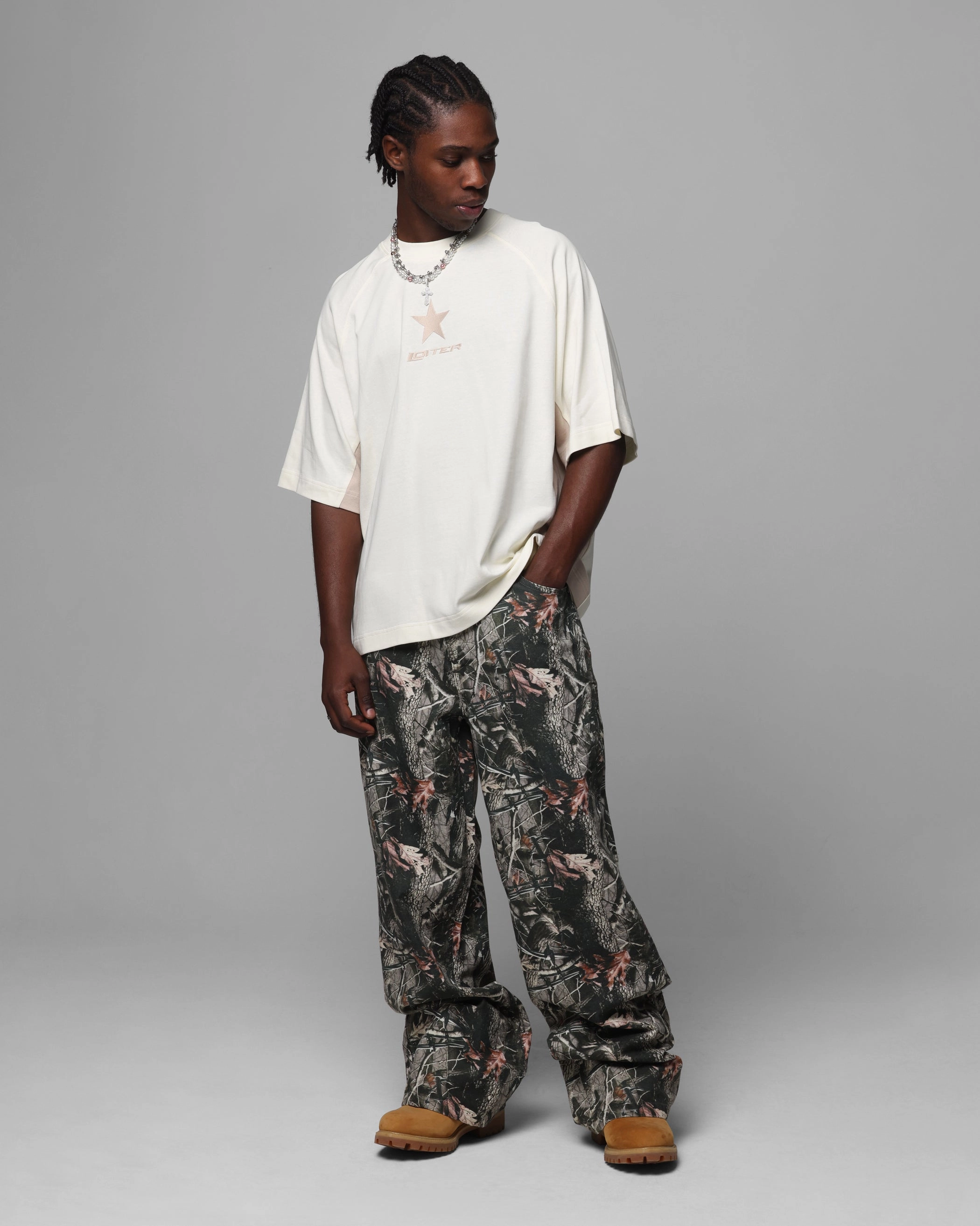 Loiter Daytona Panel T-Shirt White/Stone ButtonFront