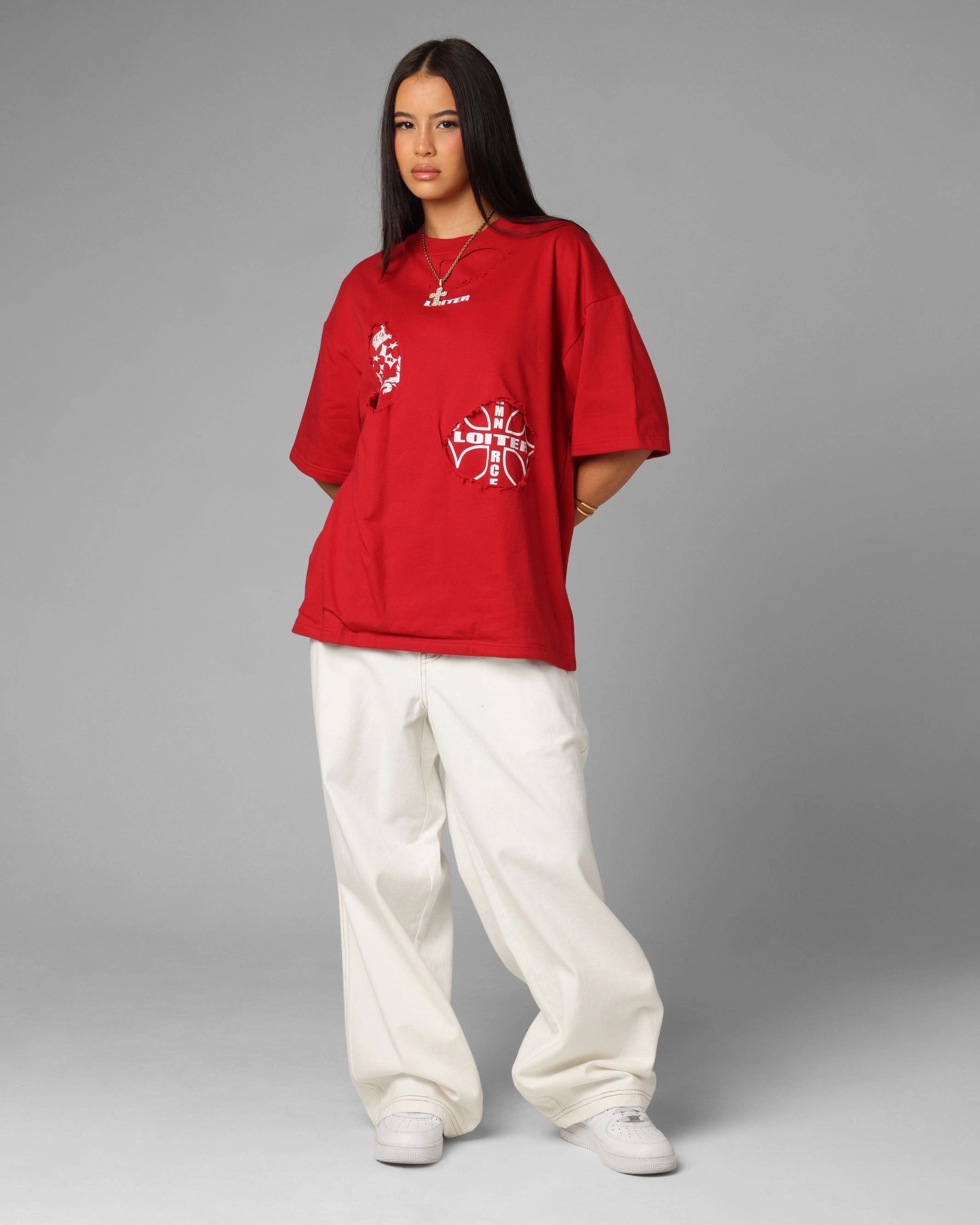 Tear Resistant Durable Reinforced Elbow Patches Loiter Destruction T-Shirt Red