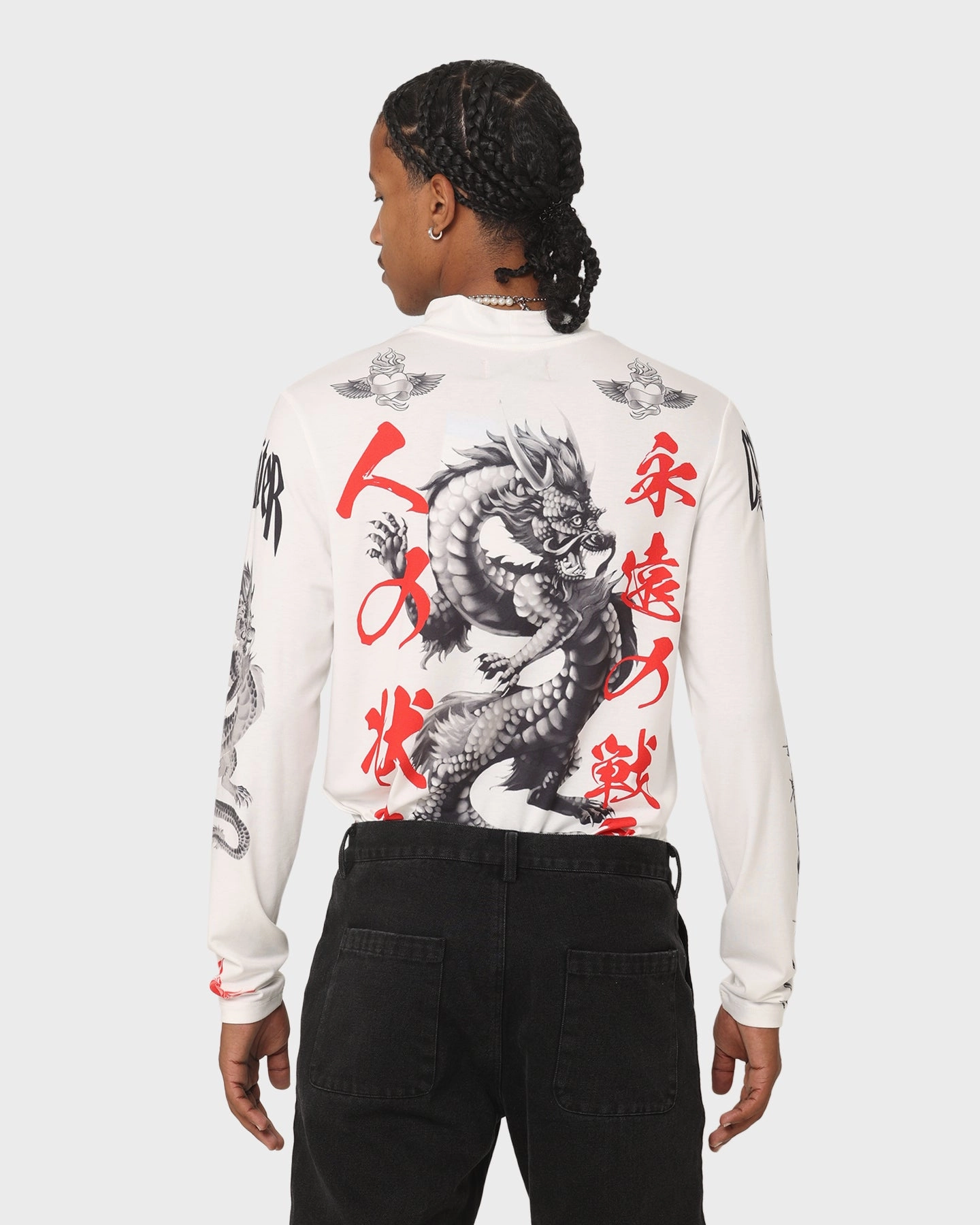 Hidden Zipper Closure ElasticTrimming Loiter Drago Long Sleeve T-Shirt Off White