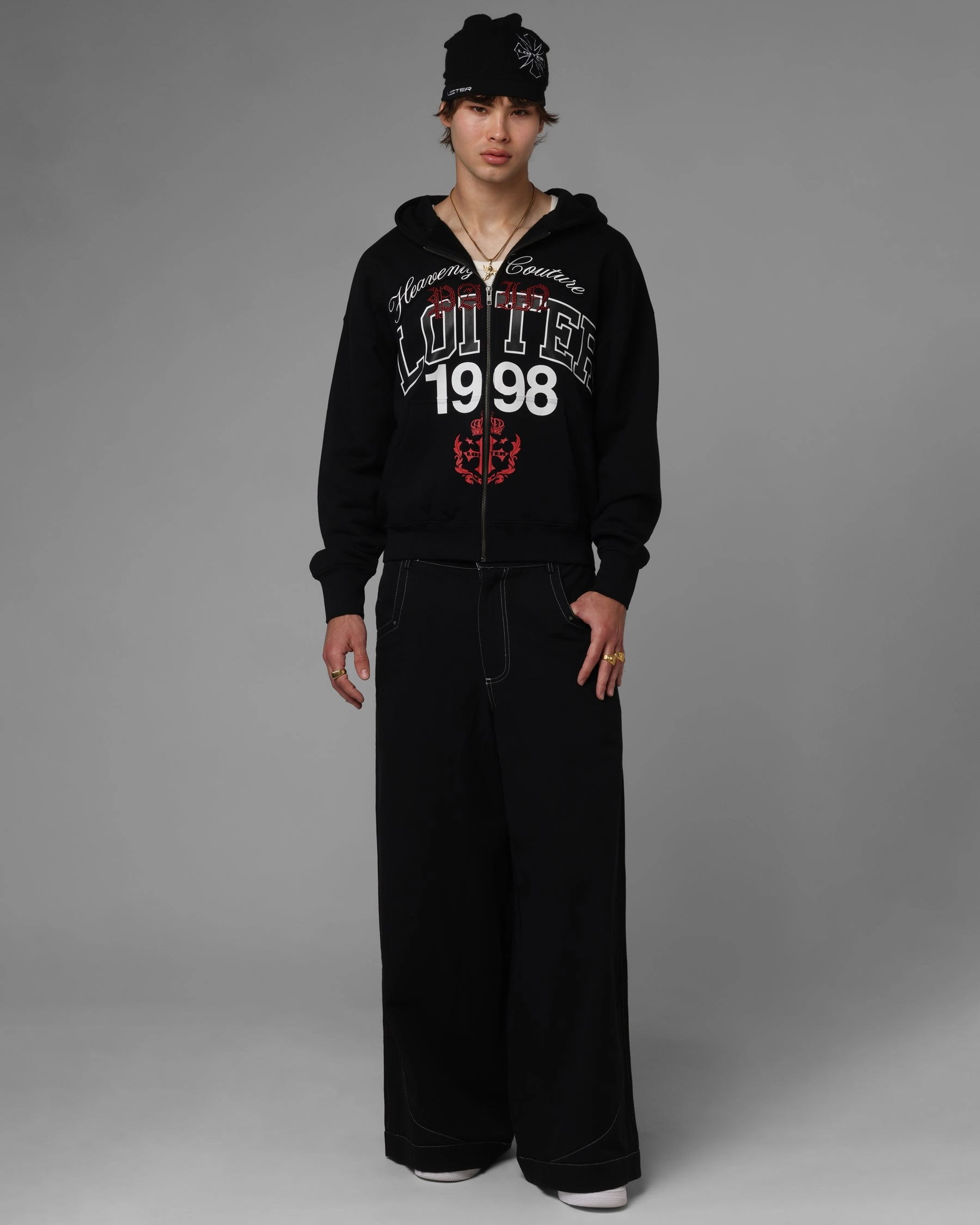 Loiter Drop Out Zip Hoodie Black Roll Up Sleeve Design