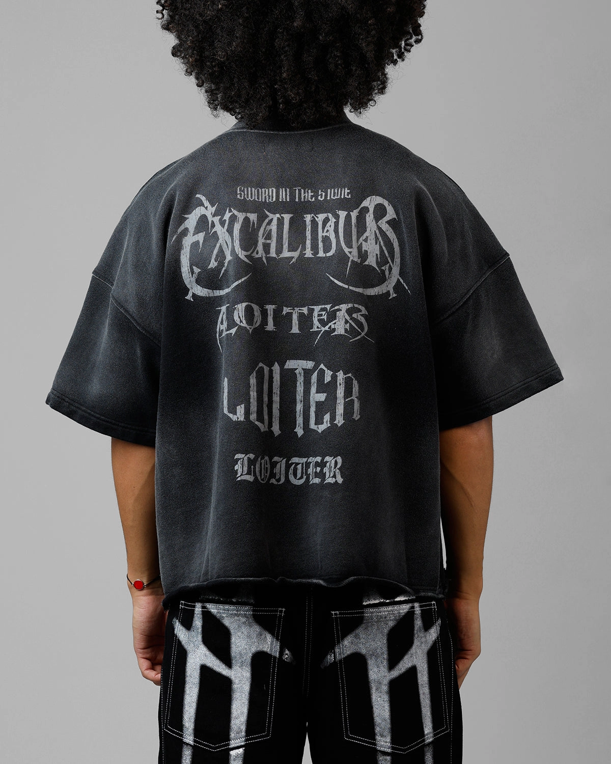 Fashionable Fit Trendy Look Loiter Excalibur Sword Distressed T-Shirt Washed Black