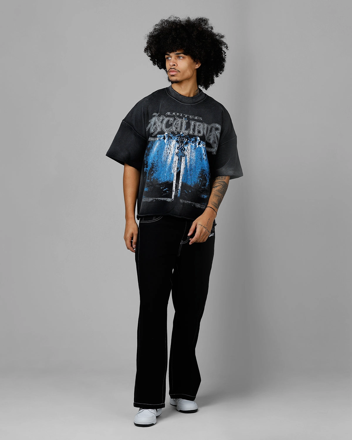 Organic Cotton Blend Loiter Excalibur Sword Distressed T-Shirt Washed Black