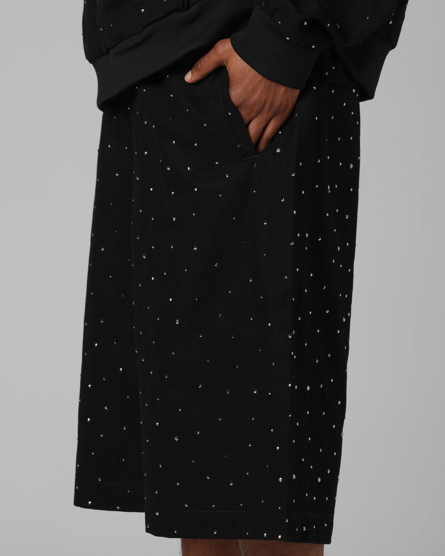 Double Needle Stitching Stretchy Waist Loiter Hail Storm Shorts Black