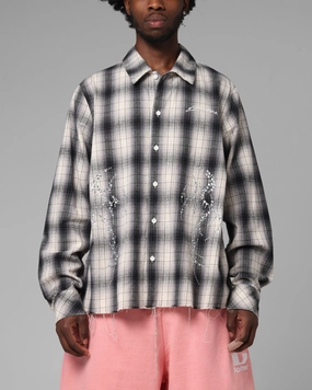 Loiter Heaven Distressed Flannel Button Up Shirt Black/White Seamless Knit Design