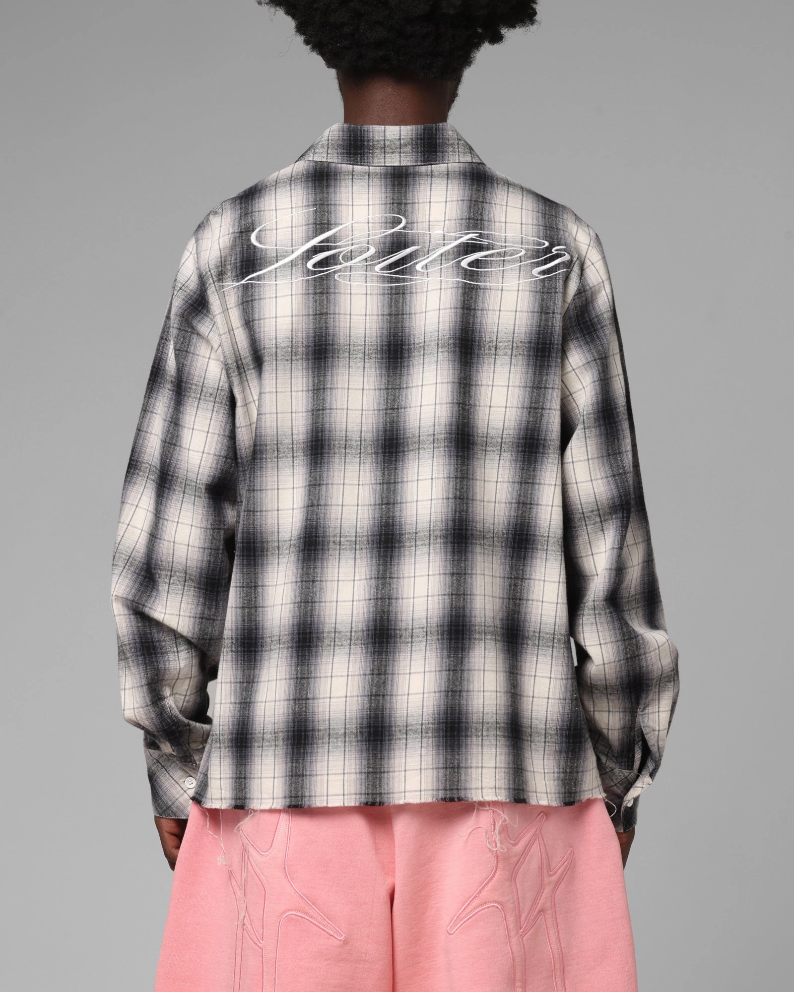 Loiter Heaven Distressed Flannel Button Up Shirt Black/White Hidden Zipper