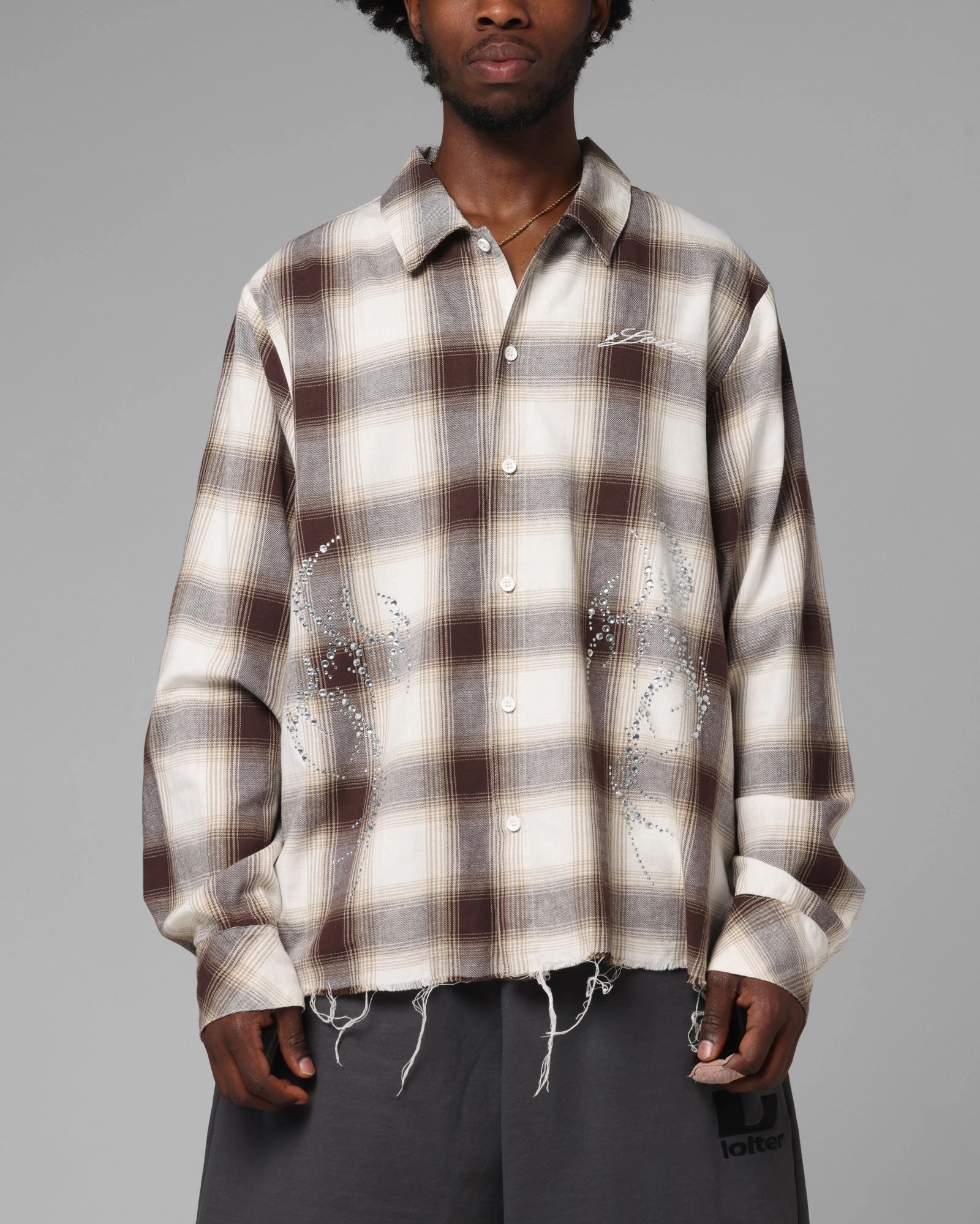 Layered Collar System Loiter Heaven Distressed Flannel Button Up Shirt Brown/Beige
