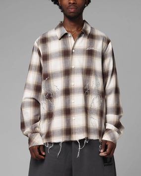 Layered Collar System Loiter Heaven Distressed Flannel Button Up Shirt Brown/Beige