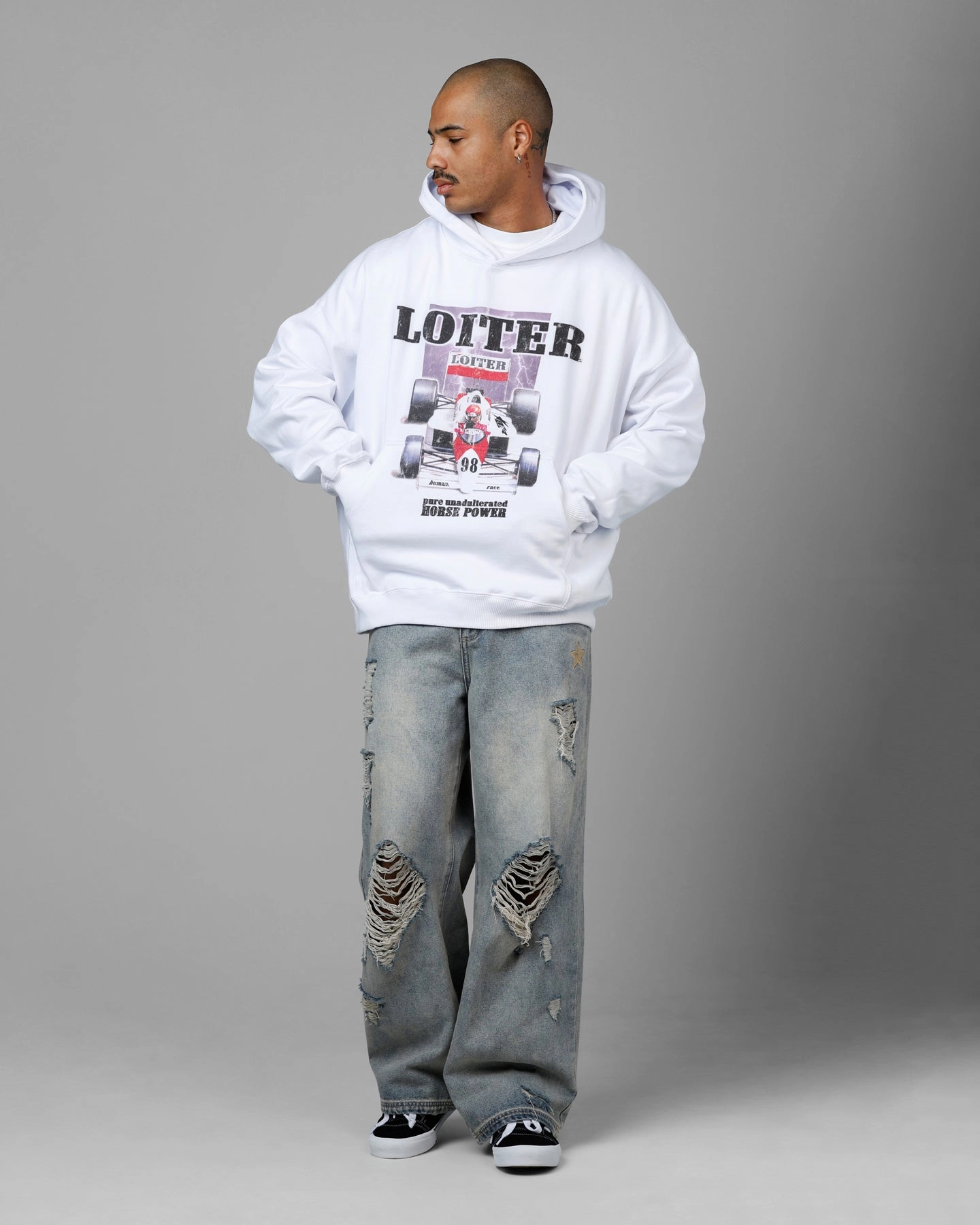 Loiter Horse Power Hoodie White Curved Hem Design