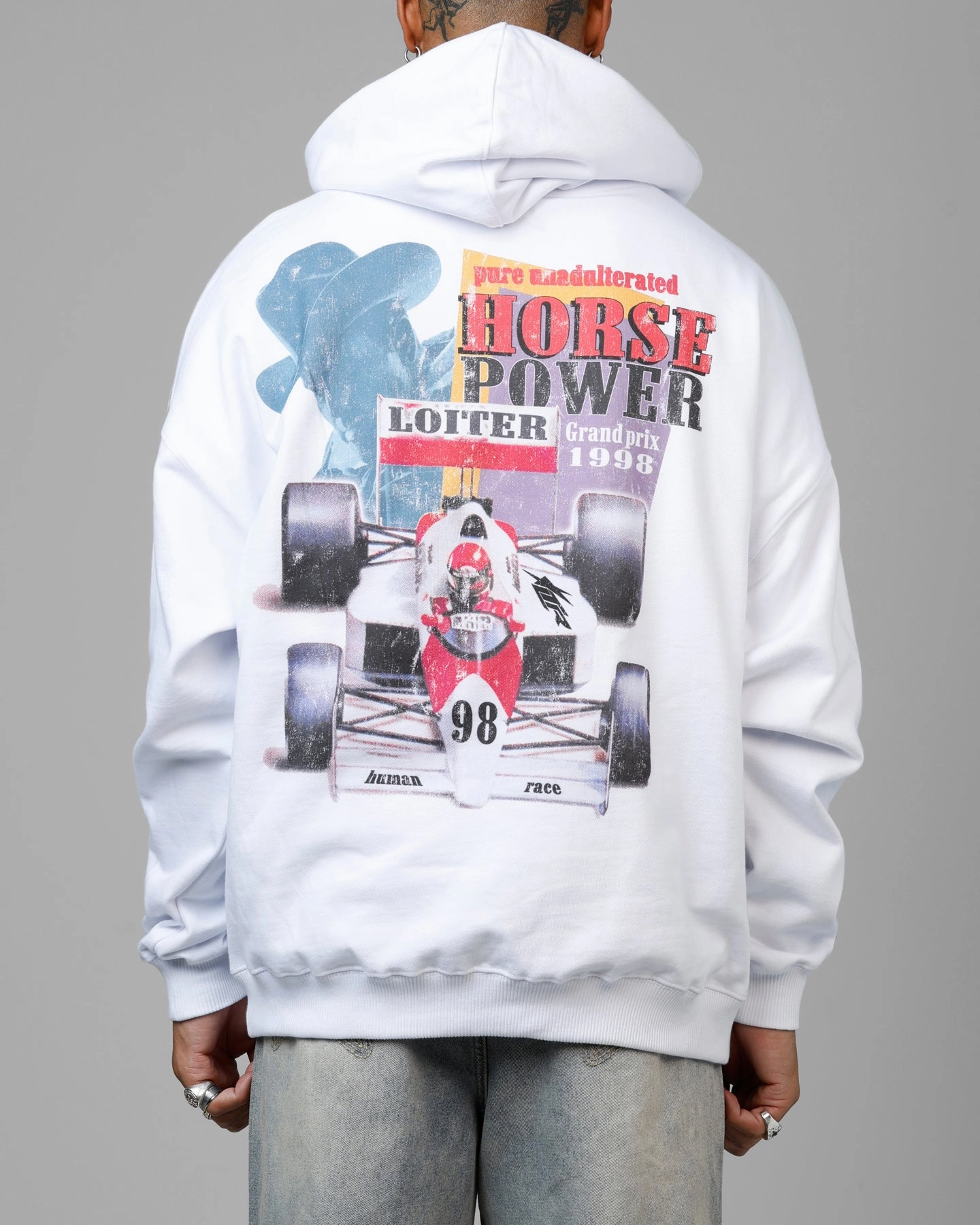 QuickPackFoldableDesign ReinforcedArmholes Loiter Horse Power Hoodie White