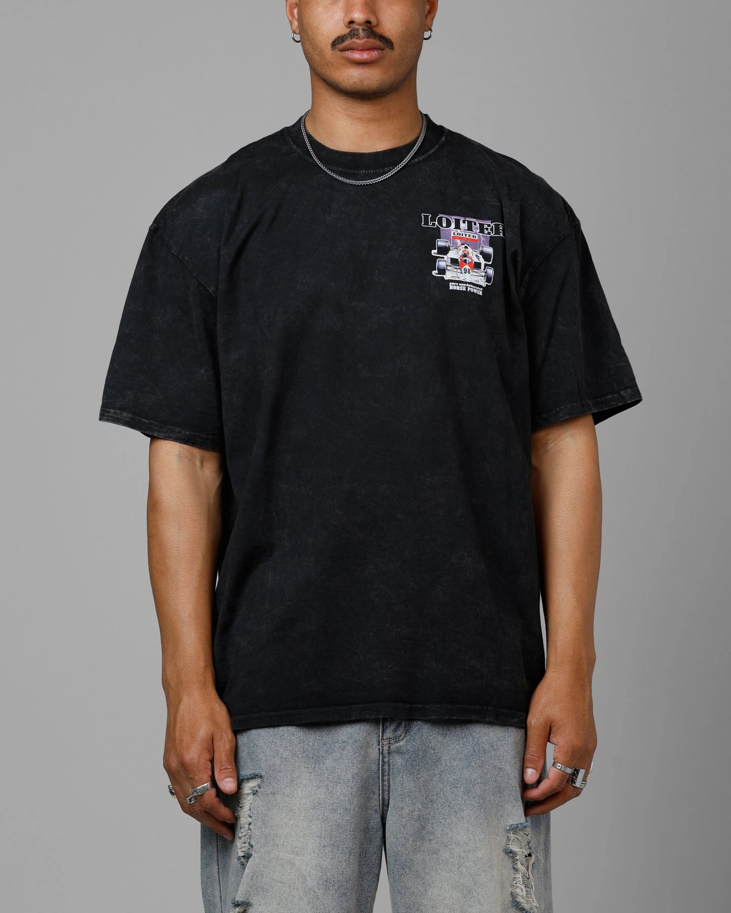 Yarn Dyed Fabric QuickDryTechnology Loiter Horse Power Vintage Drop T-Shirt Black Acidwash