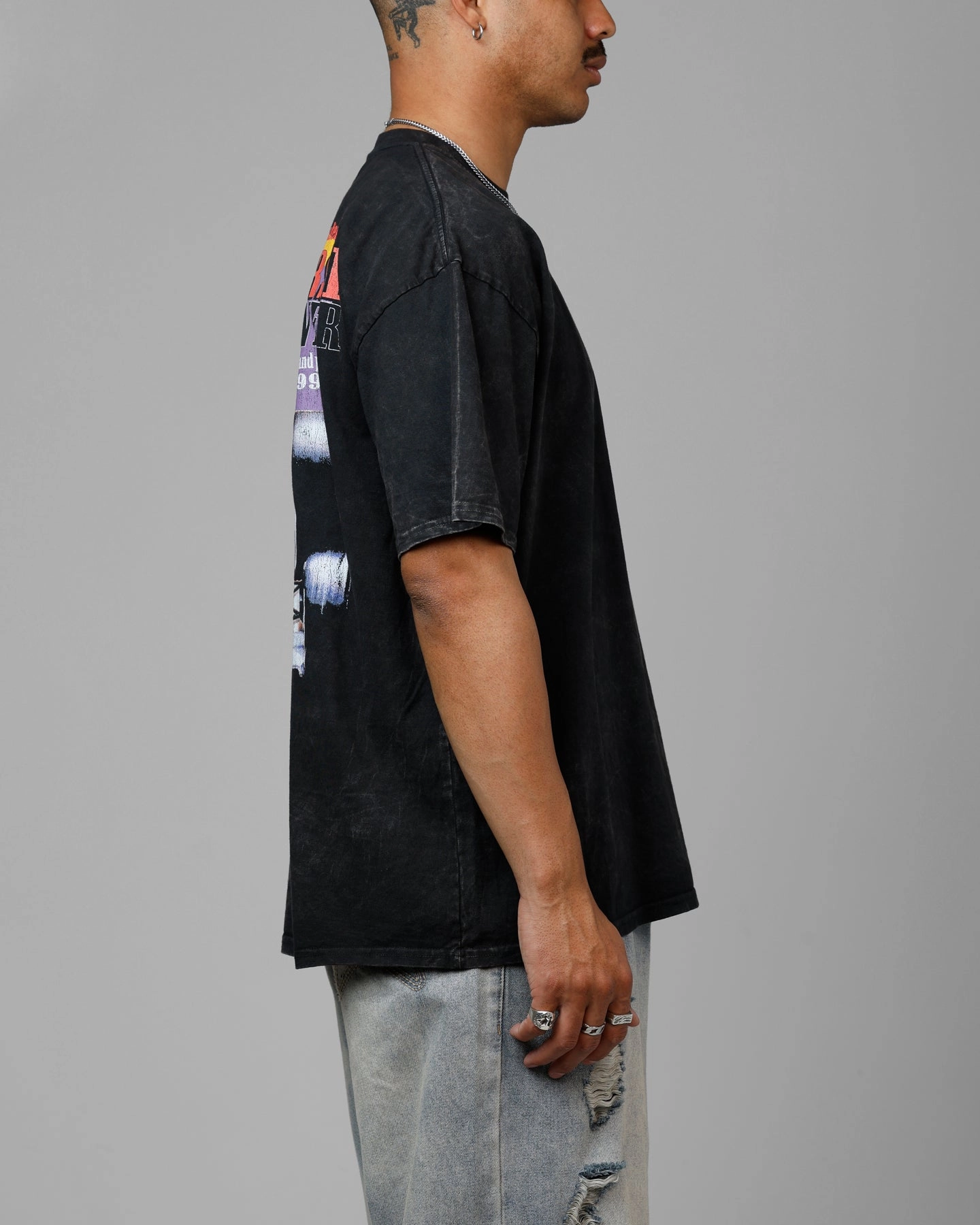 Buttery Soft Handfeel Fashion Statement Loiter Horse Power Vintage Drop T-Shirt Black Acidwash