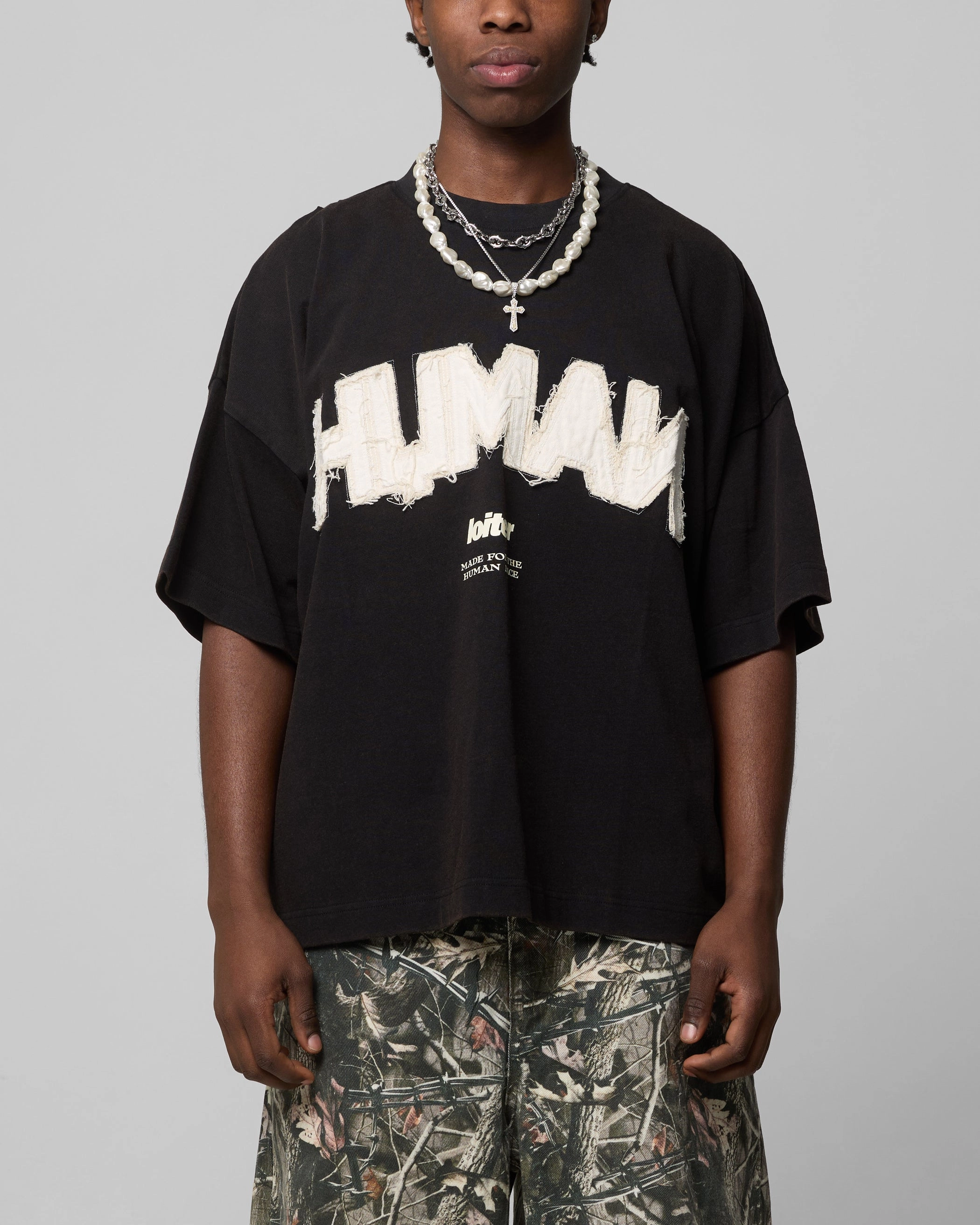 Biodegradable Fiber Blend Loiter Human Box T-Shirt Vintage Black