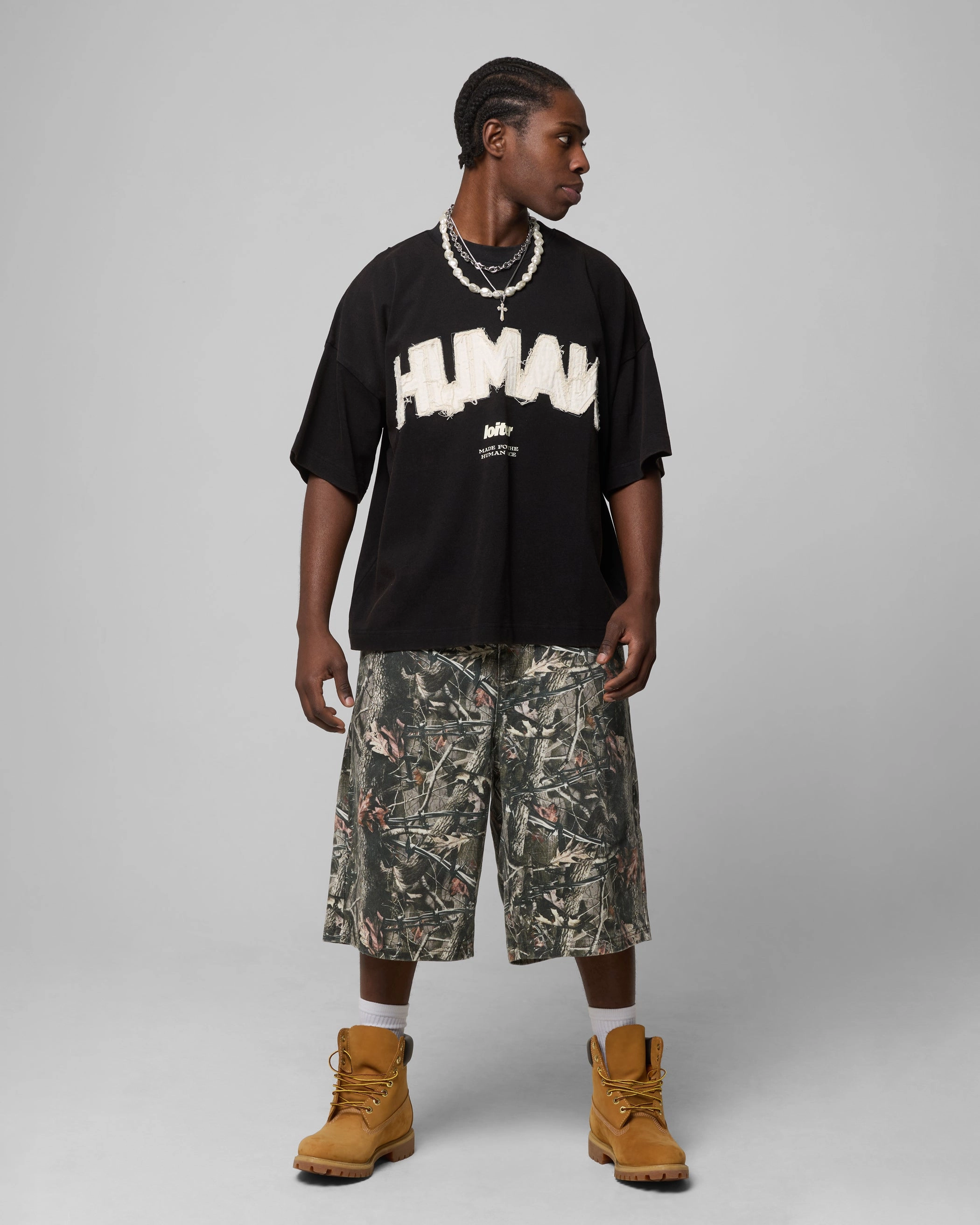 Long Sleeve Polo Reinforced Shoulder Loiter Human Box T-Shirt Vintage Black