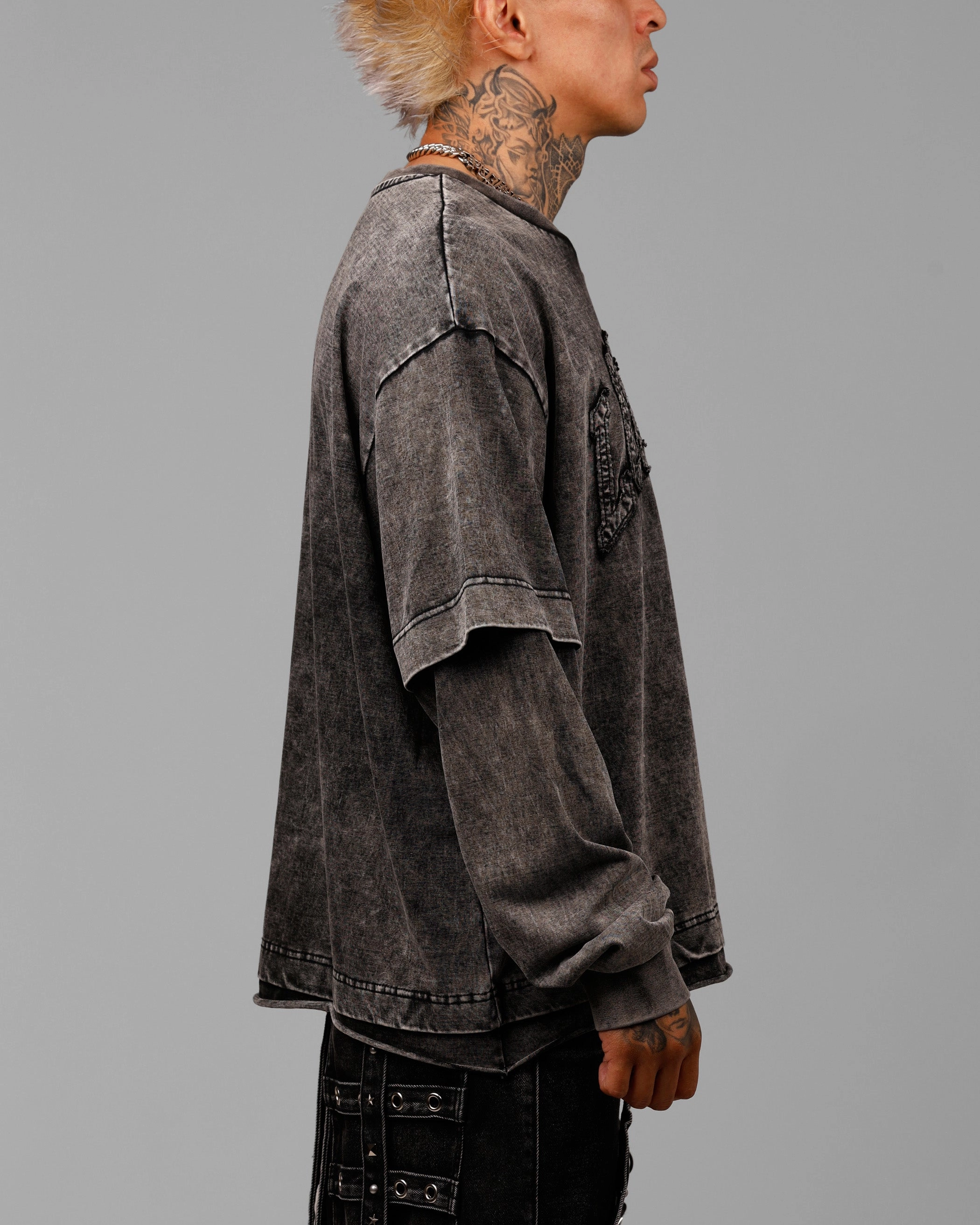 Loiter Impact Long Sleeve T-Shirt Washed Black/White VNeck Style Ethically Sourced Material