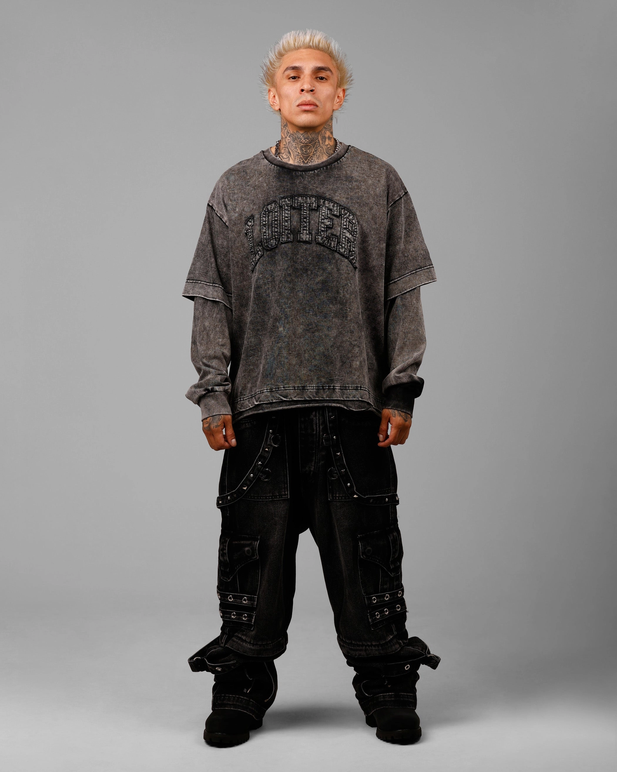 Loiter Impact Long Sleeve T-Shirt Washed Black/White High Neckline Structure