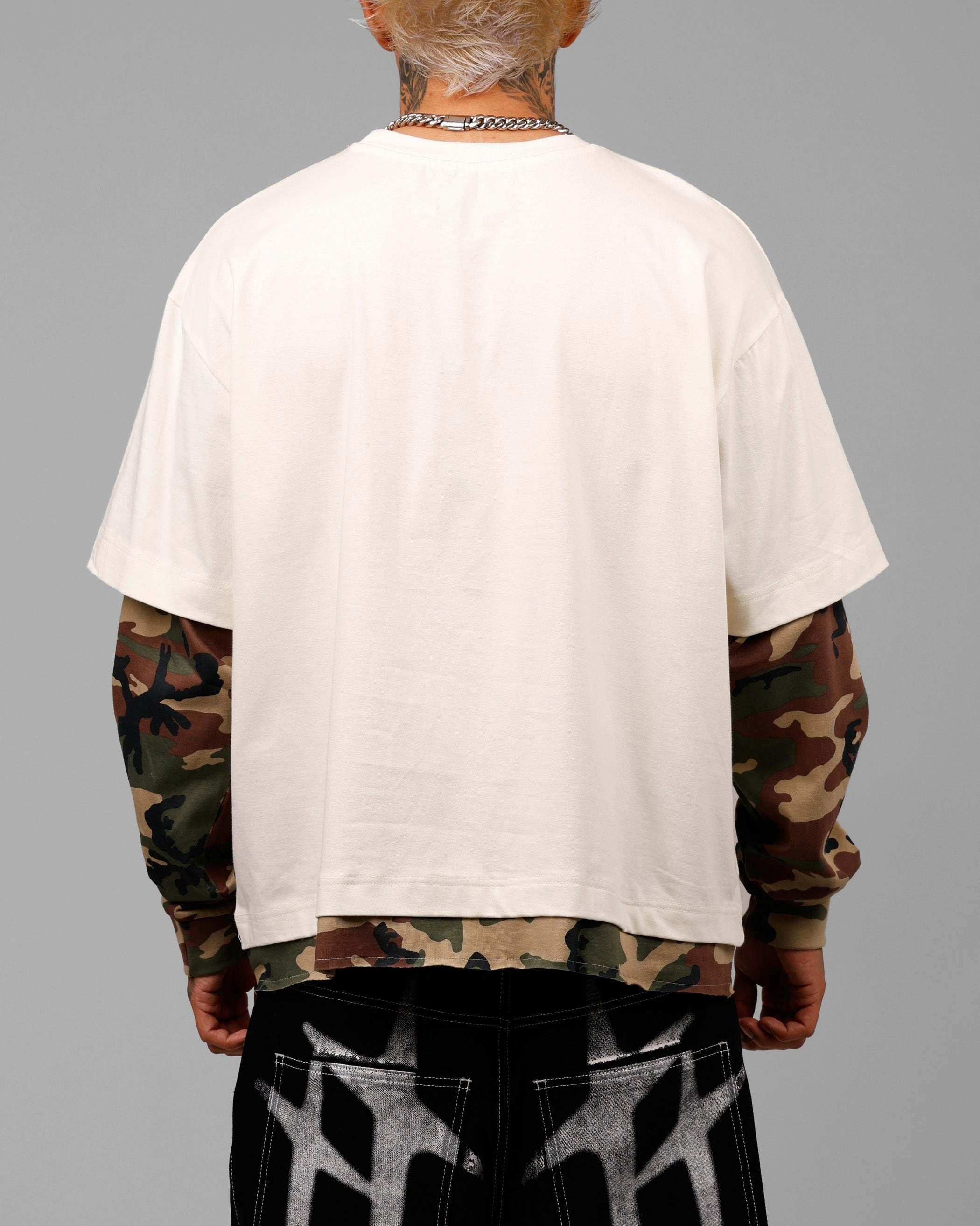 Loiter Impact Long Sleeve T-Shirt Washed White/Camo Cozy Knit Self Fabric Tie Closure
