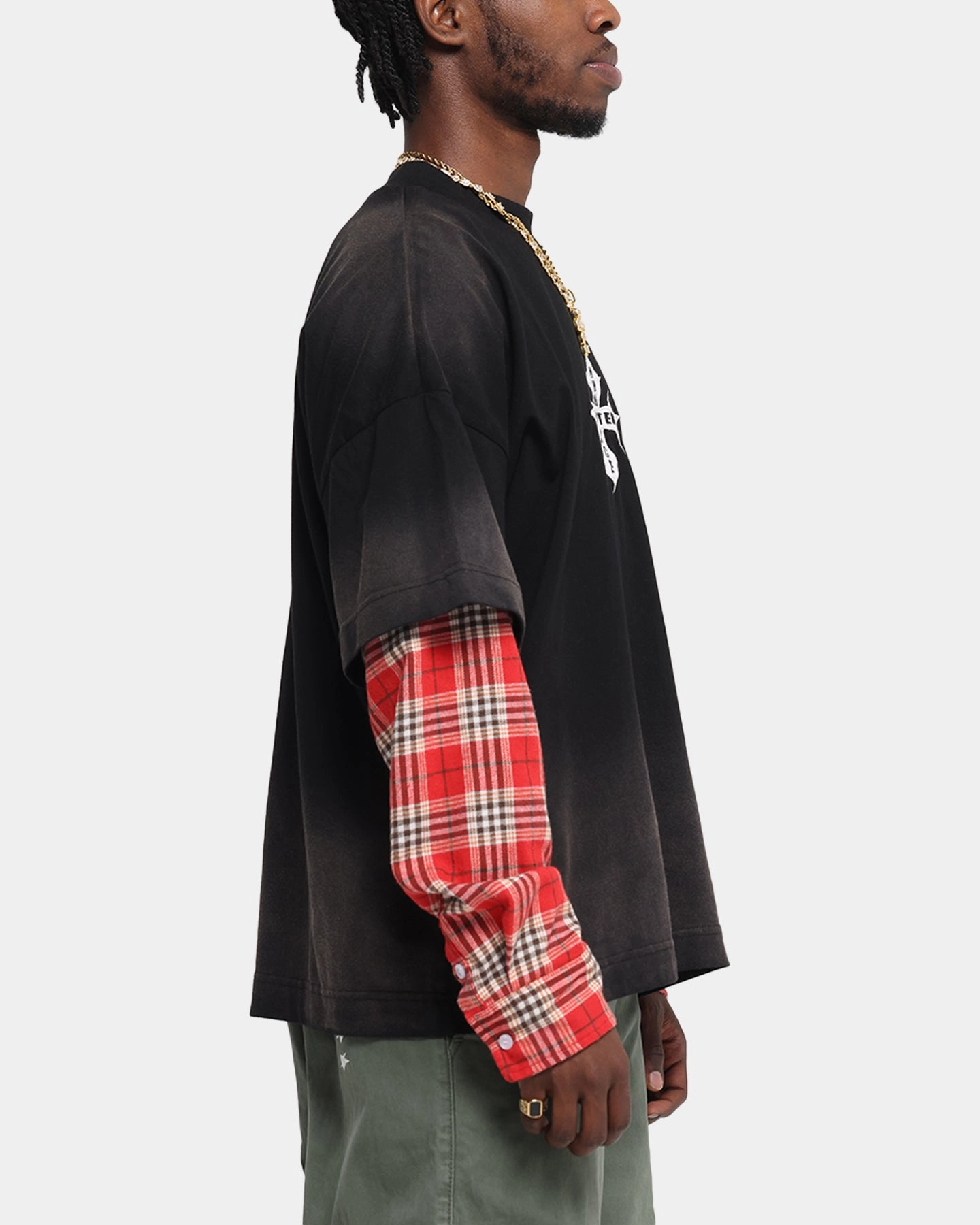 Loiter Layered Flannel T-Shirt Black/Red Odor Resistant Finish Airflow Mesh Panel