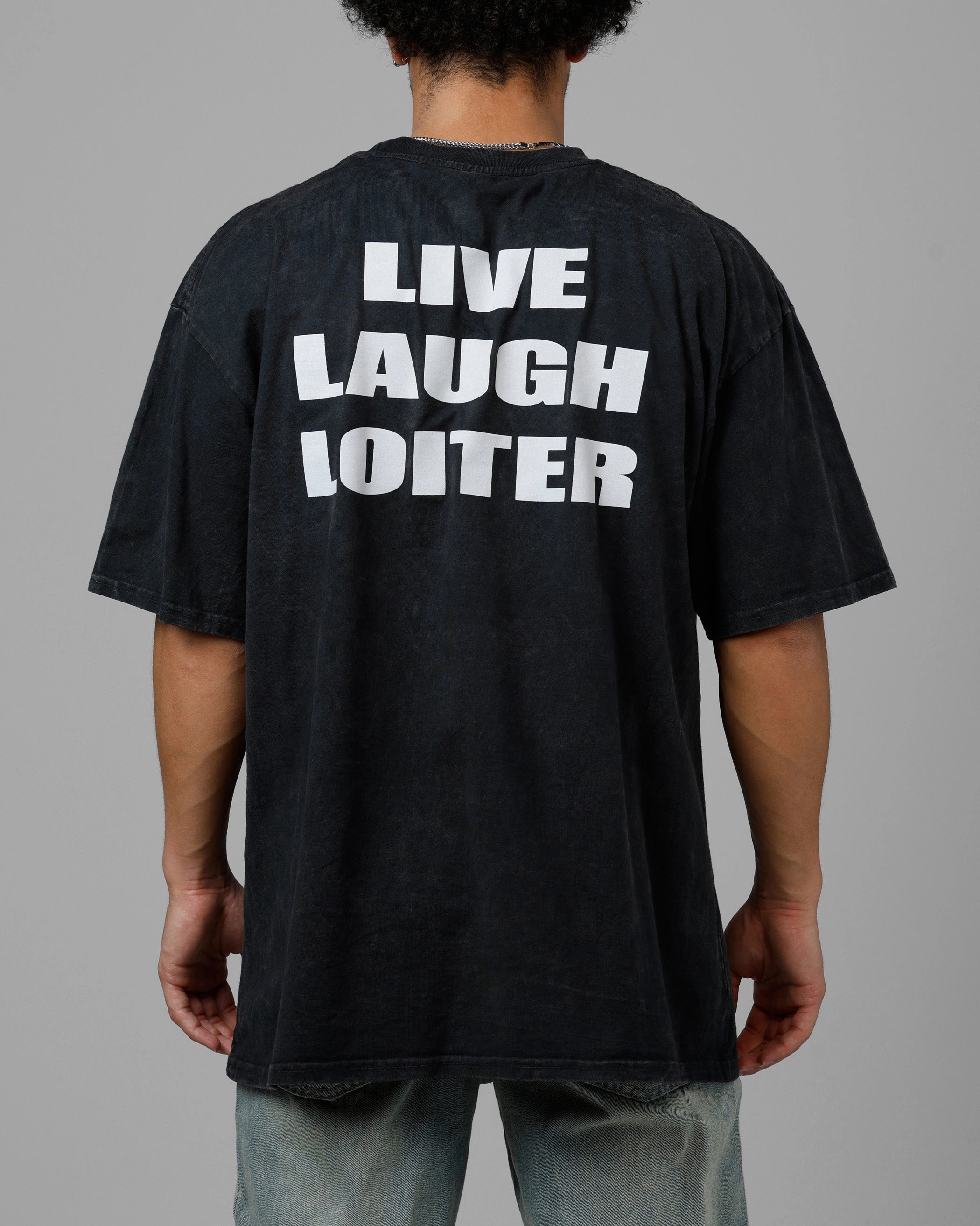 Oversized Collar Fade Resistant Coating Loiter Live Laugh Love Drop T-Shirt Black Acidwash