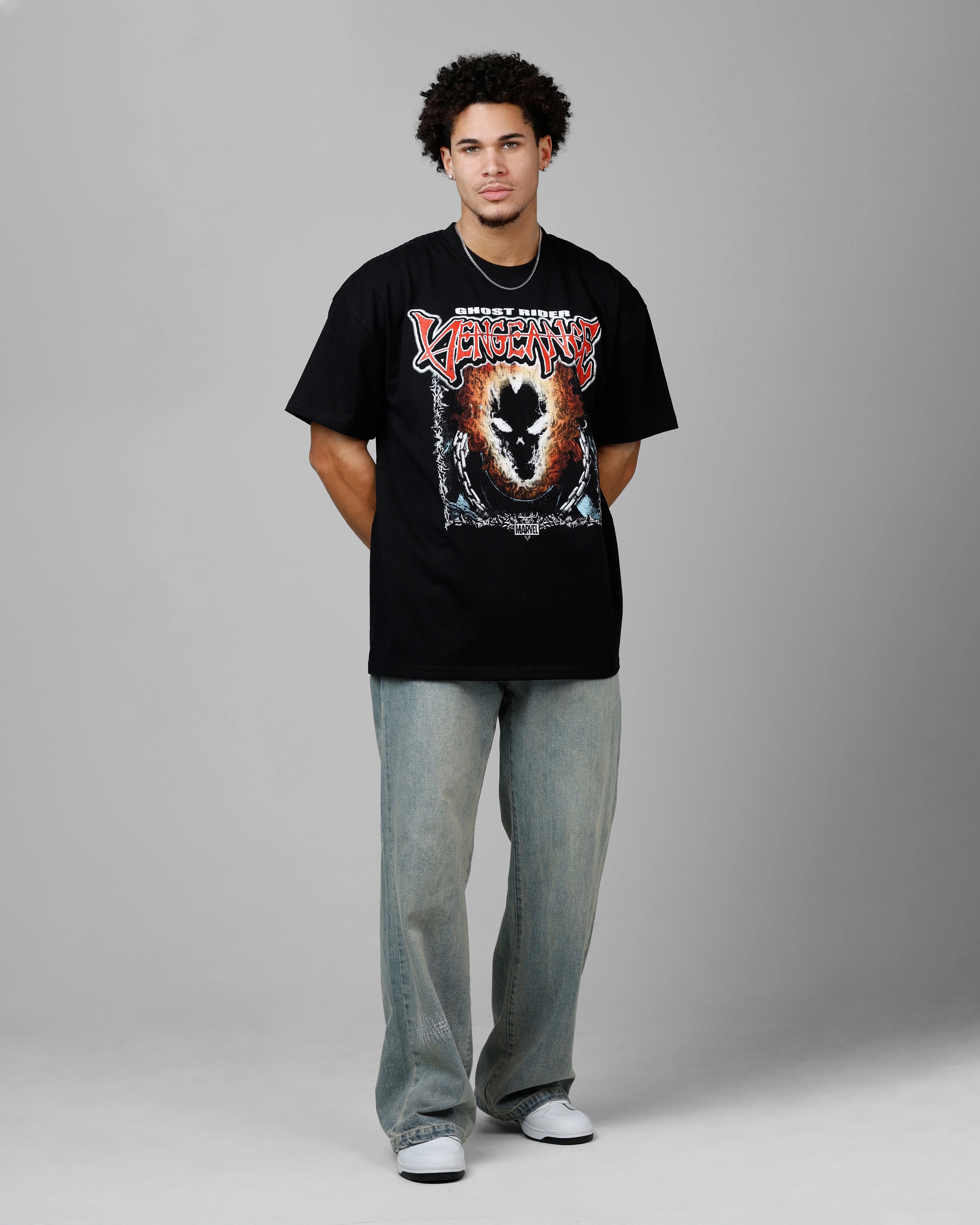 Placket Detailing Loiter Marvel Ghost Rider Heavyweight T-Shirt Black