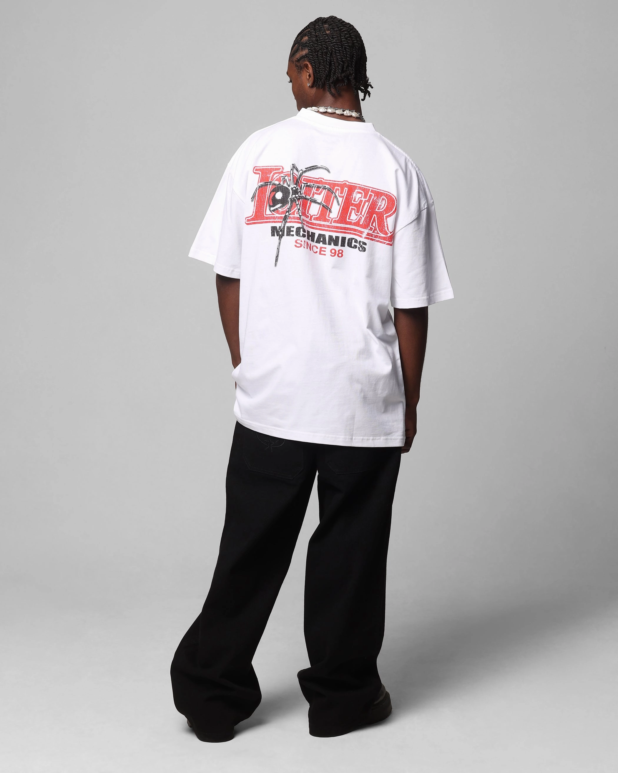 Raw Edge Finish Loiter Mechanic Drop T-Shirt White