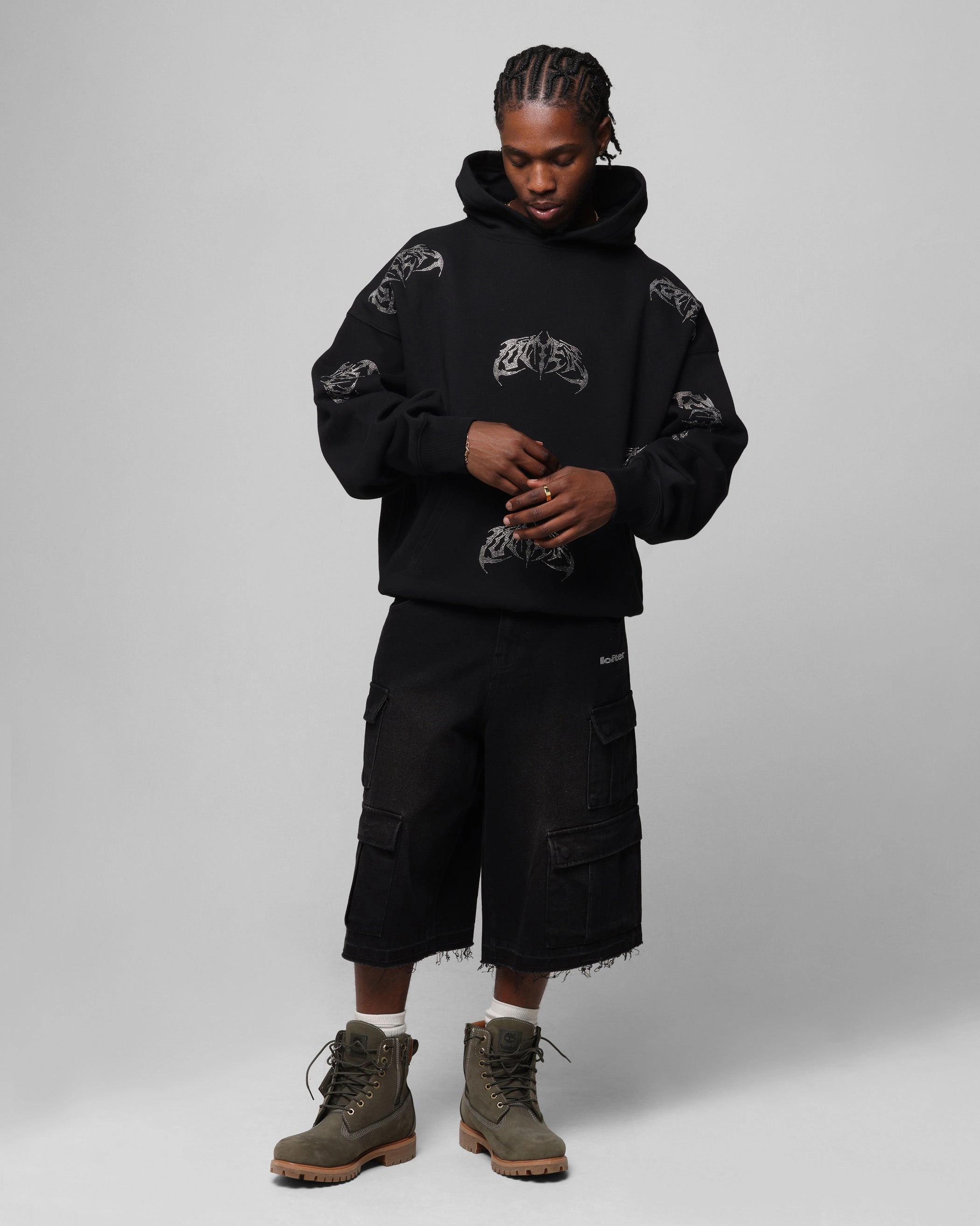 SeamlessConstruction Circular Knit Technology Loiter Metal Rhinestone Hoodie Black