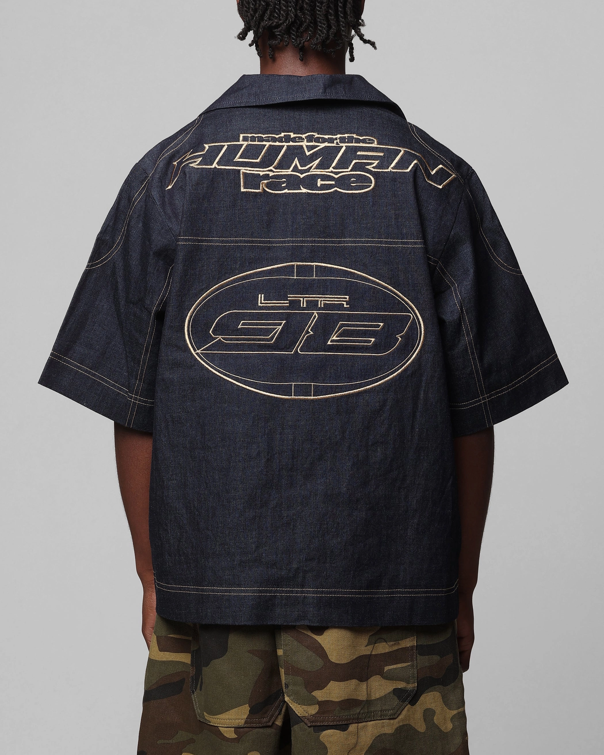 Loiter Motor Denim Button Up Shirt Indigo NonFade Dye Ribbed Knit Fabric