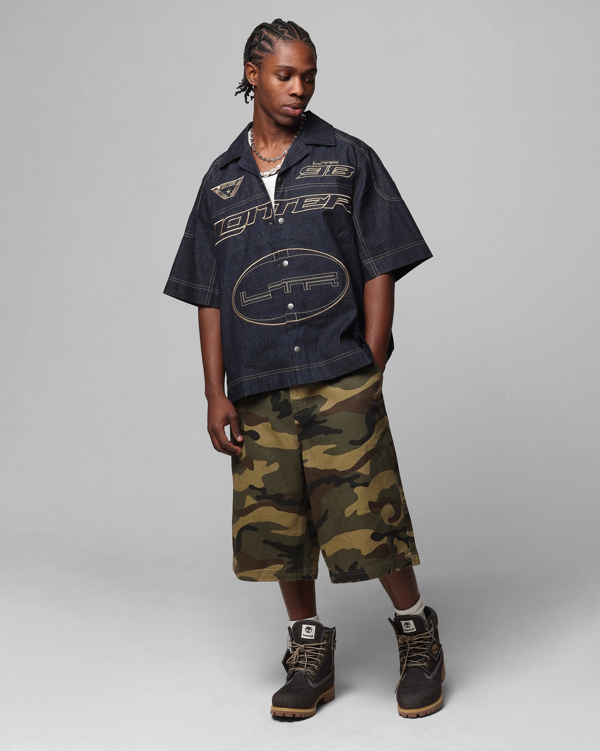 Loiter Motor Denim Button Up Shirt Indigo Ribbed Neckline AllDay Comfort Tech